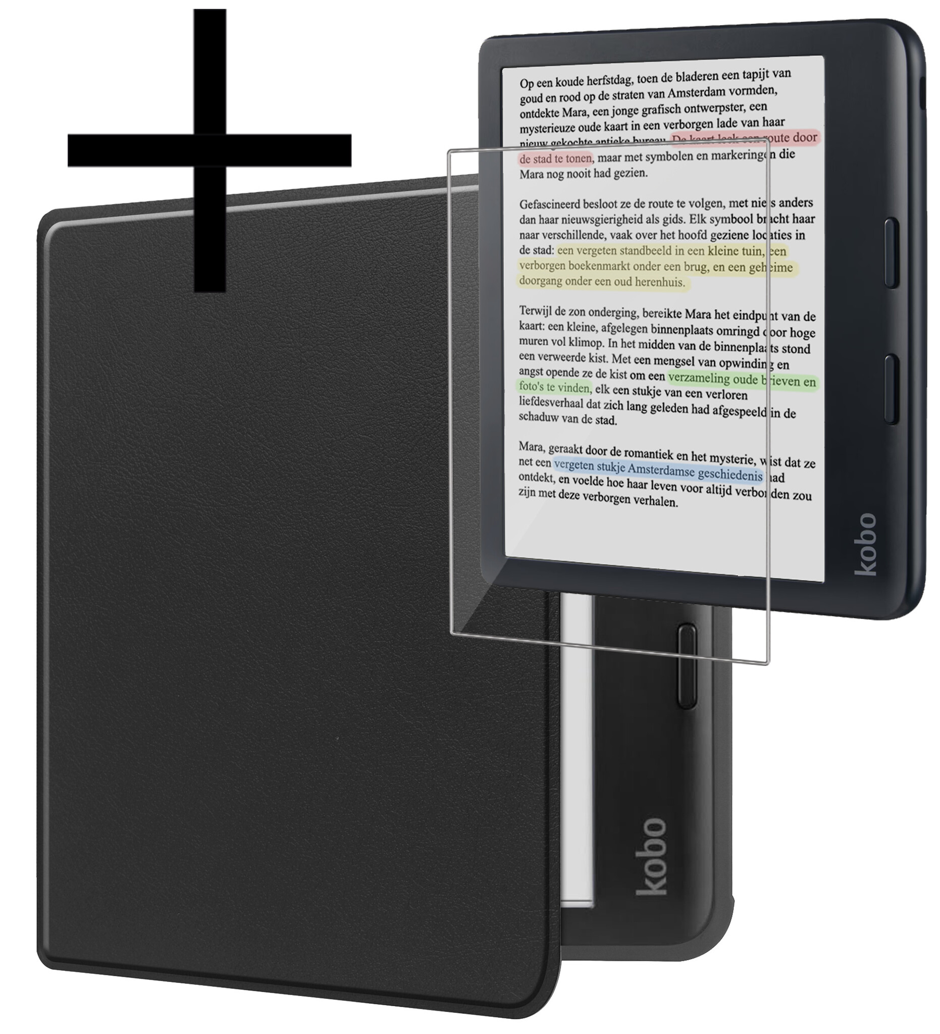 NoXx Hoes Geschikt voor Kobo Libra Colour Hoesje Bookcase Cover Book Case Hoes Sleepcover Met Screenprotector - Zwart