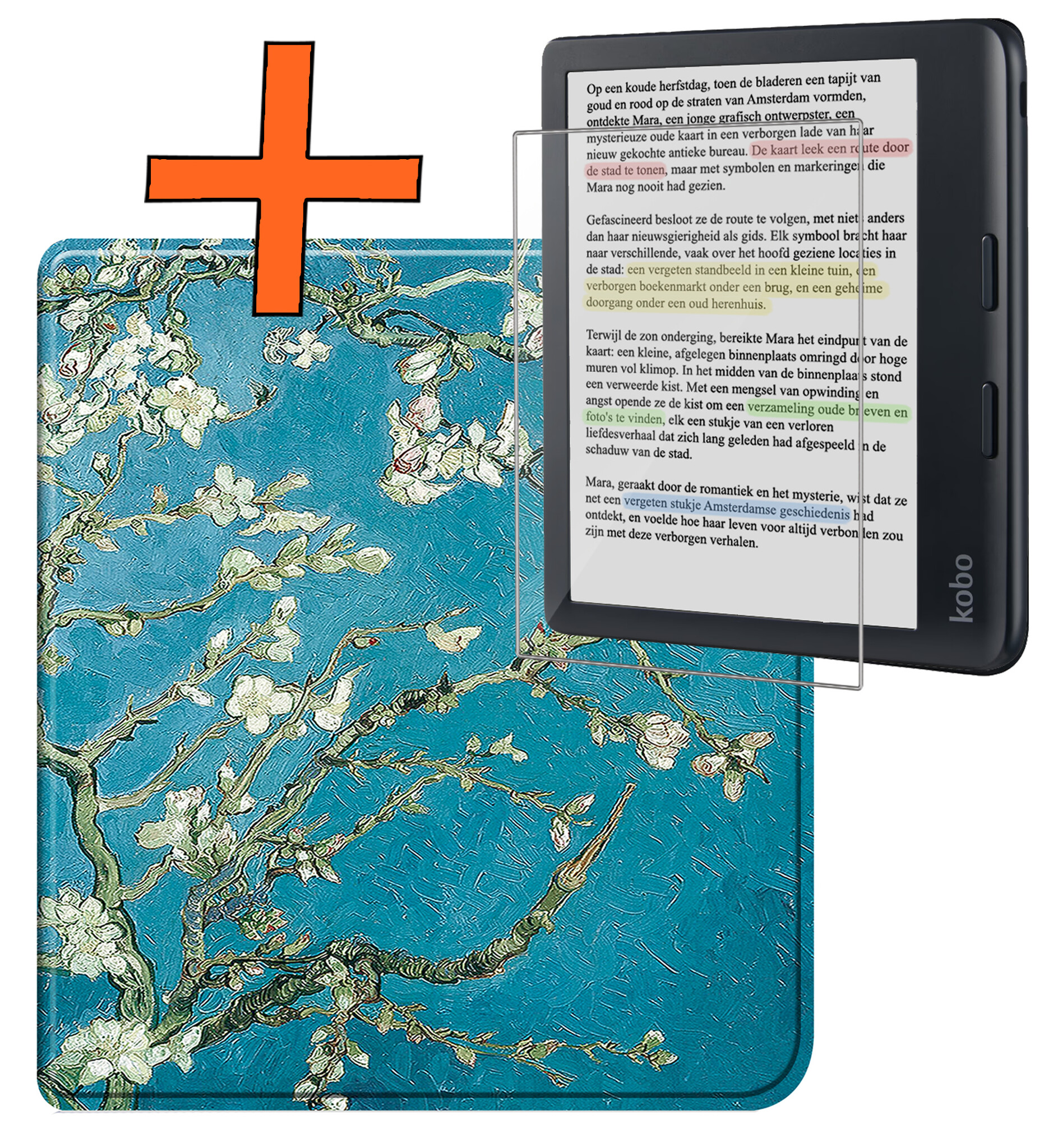 Nomfy Hoesje Geschikt voor Kobo Libra Colour Hoes Book Case - Hoes Geschikt voor Kobo Libra Colour Hoesje Book Cover Met Screenprotector - Bloesem