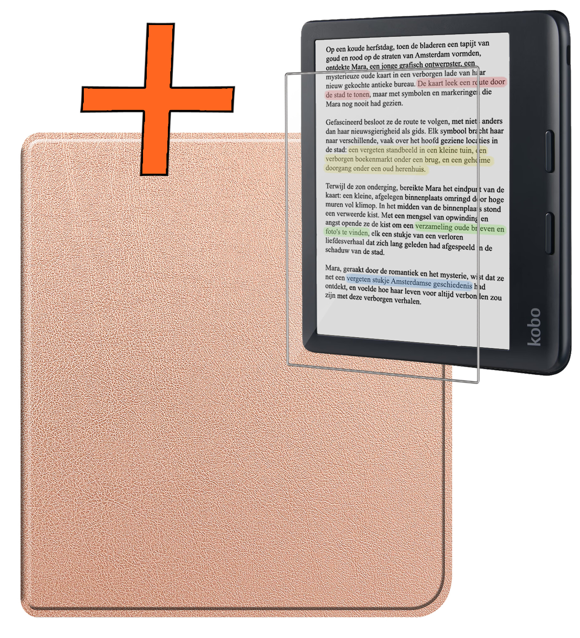 Nomfy Hoesje Geschikt voor Kobo Libra Colour Hoes Book Case - Hoes Geschikt voor Kobo Libra Colour Hoesje Book Cover Met Screenprotector - Rosé Goud