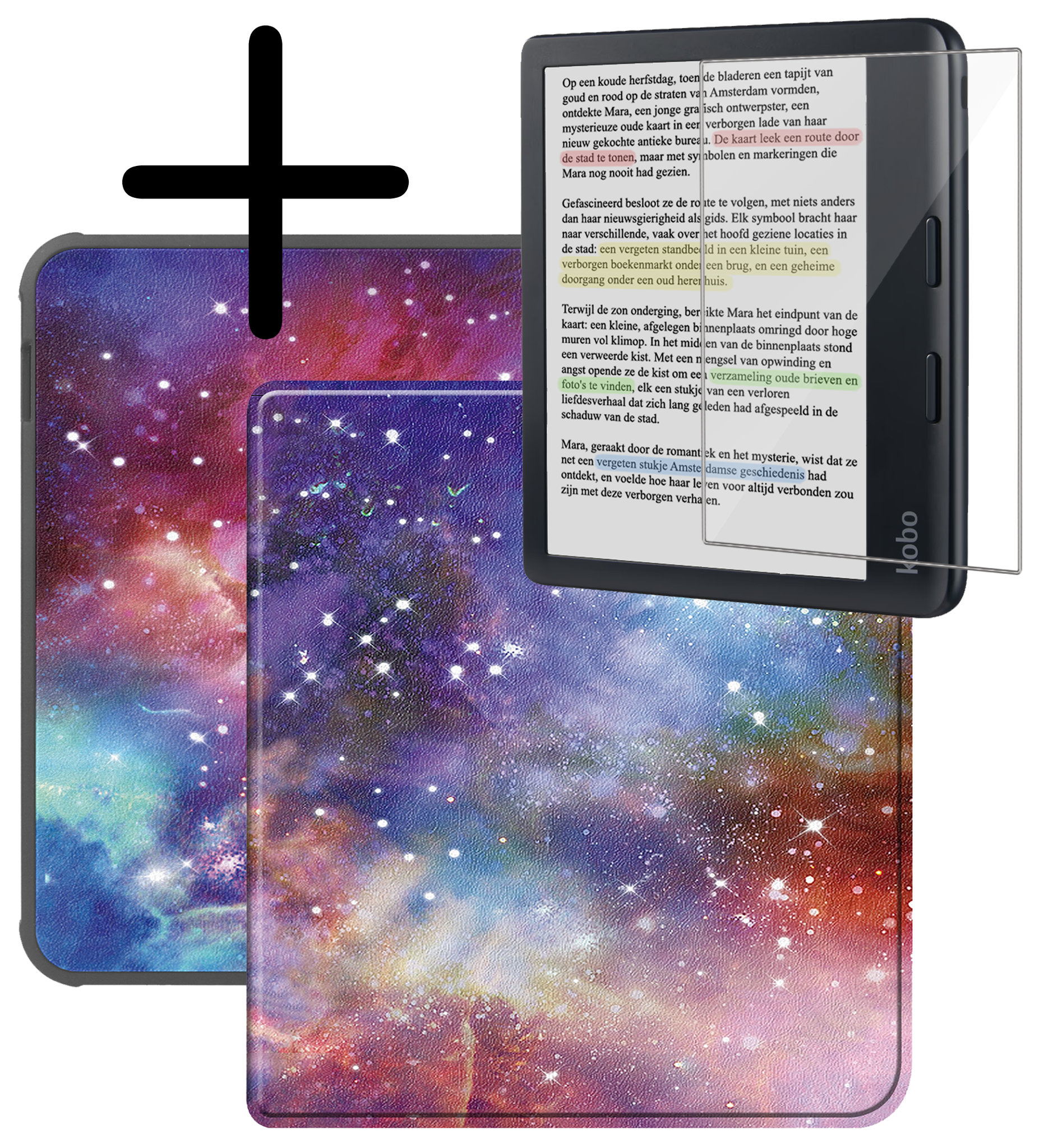 BASEY. Hoes Geschikt voor Kobo Libra Colour Hoesje Bookcase Cover Hoes Met Screenprotector - Hoesje Geschikt voor Kobo Libra Colour Hoes Cover Case - Galaxy