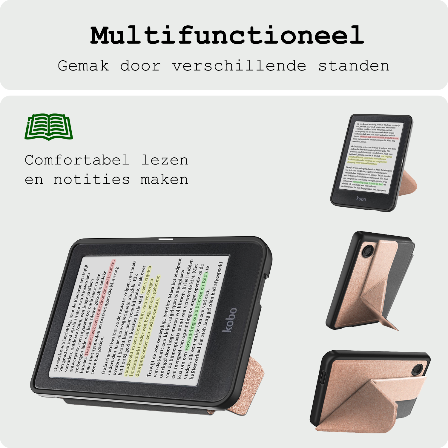 BASEY. Hoes Geschikt voor Kobo Clara Colour Hoesje Bookcase Cover Hoes Trifold - Hoesje Geschikt voor Kobo Clara Colour Hoes Cover Case - Rosé Goud