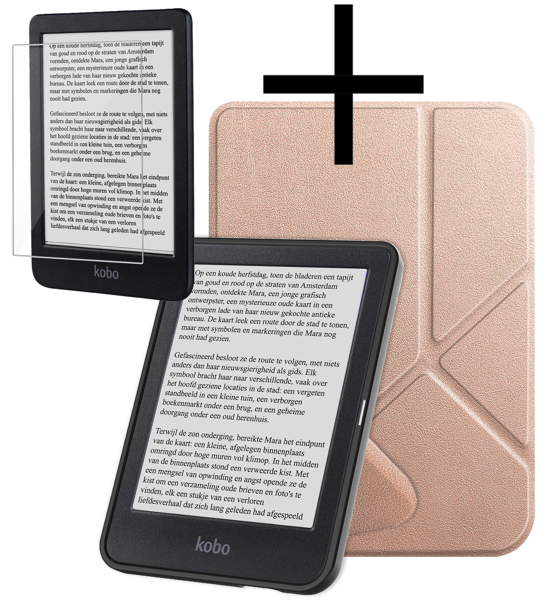 NoXx Hoes Geschikt voor Kobo Clara BW Hoesje Bookcase Cover Book Case Hoes Cover Trifold Met Screenprotector - Rosé Goud