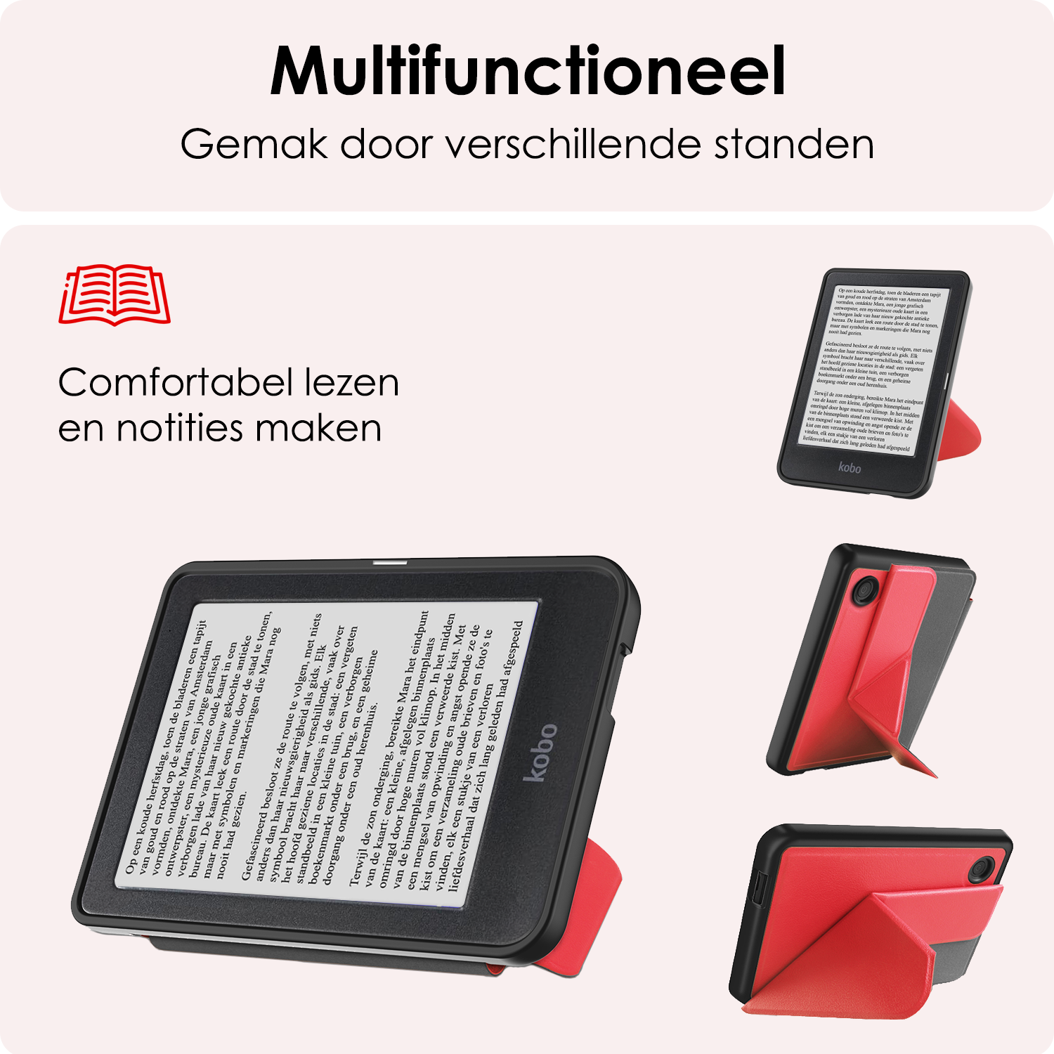 NoXx Hoes Geschikt voor Kobo Clara BW Hoesje Bookcase Cover Book Case Hoes Cover Trifold Met Screenprotector - Rood