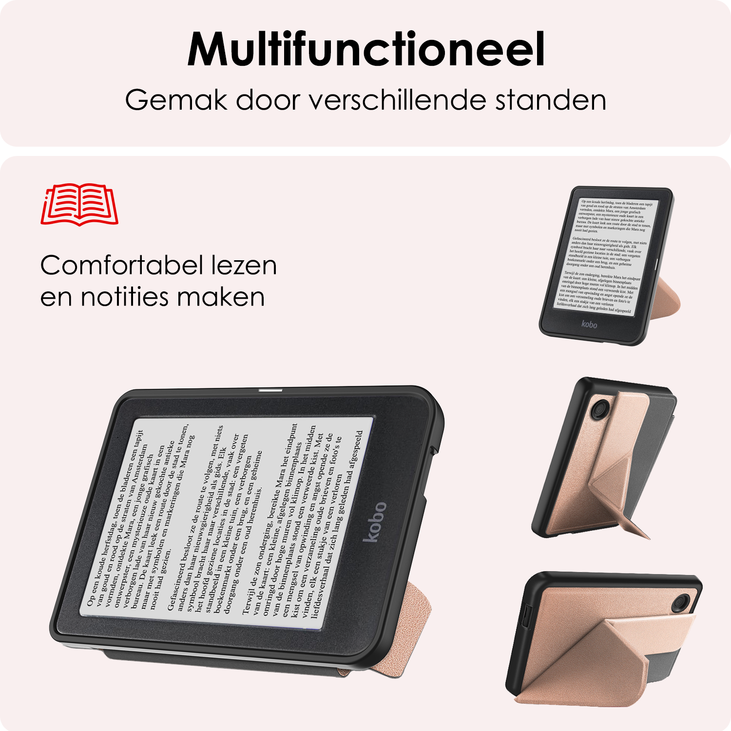 NoXx Hoes Geschikt voor Kobo Clara BW Hoesje Bookcase Cover Book Case Hoes Cover Trifold Met Screenprotector - Rosé Goud