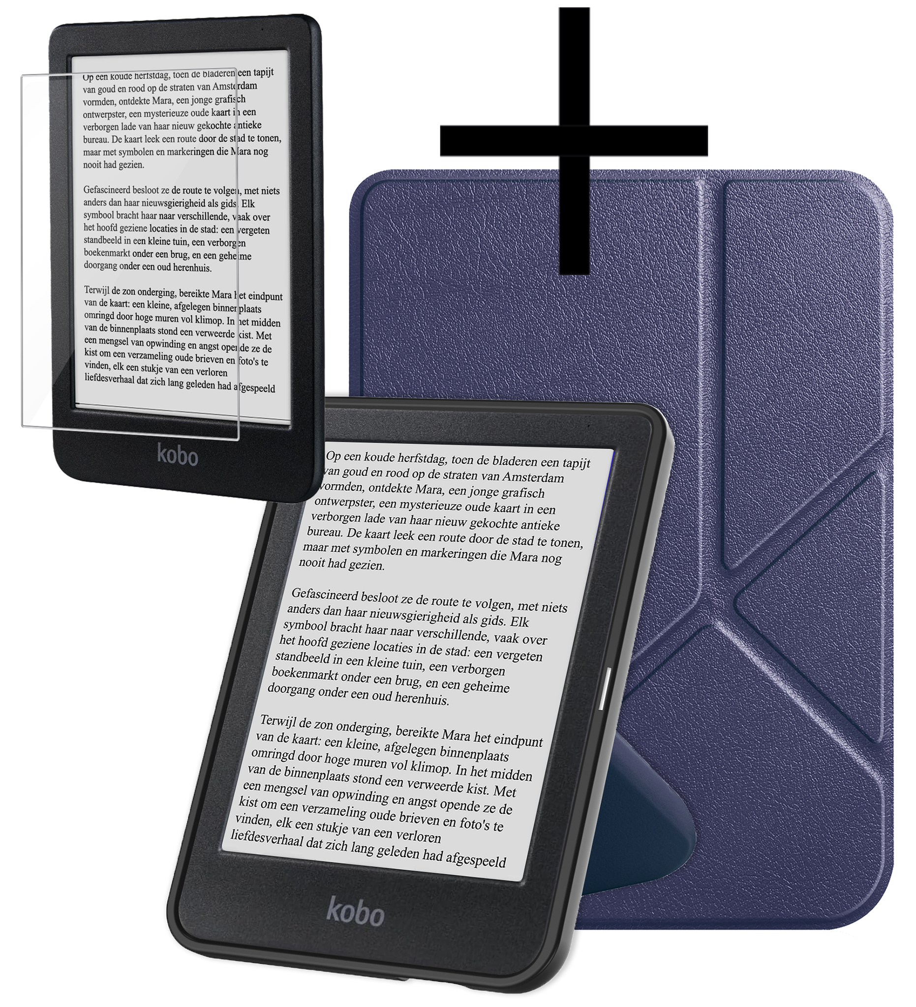 NoXx Hoes Geschikt voor Kobo Clara BW Hoesje Bookcase Cover Book Case Hoes Cover Trifold Met Screenprotector - Donkerblauw