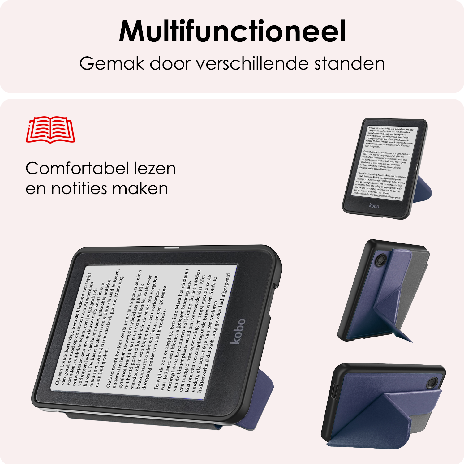 NoXx Hoes Geschikt voor Kobo Clara BW Hoesje Bookcase Cover Book Case Hoes Cover Trifold Met Screenprotector - Donkerblauw