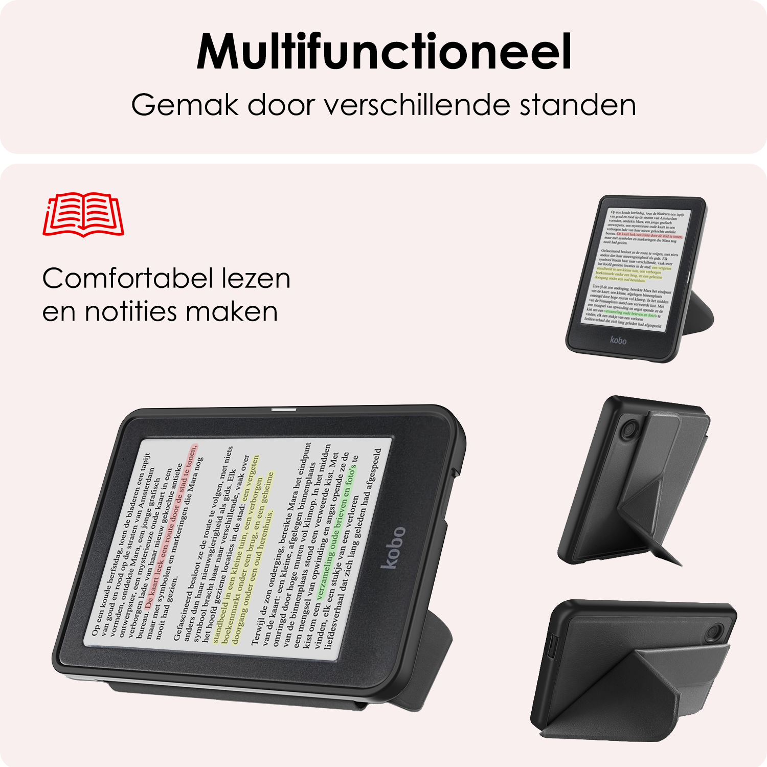 NoXx Hoes Geschikt voor Kobo Clara Colour Hoesje Bookcase Cover Book Case Hoes Cover Trifold Met Screenprotector - Zwart