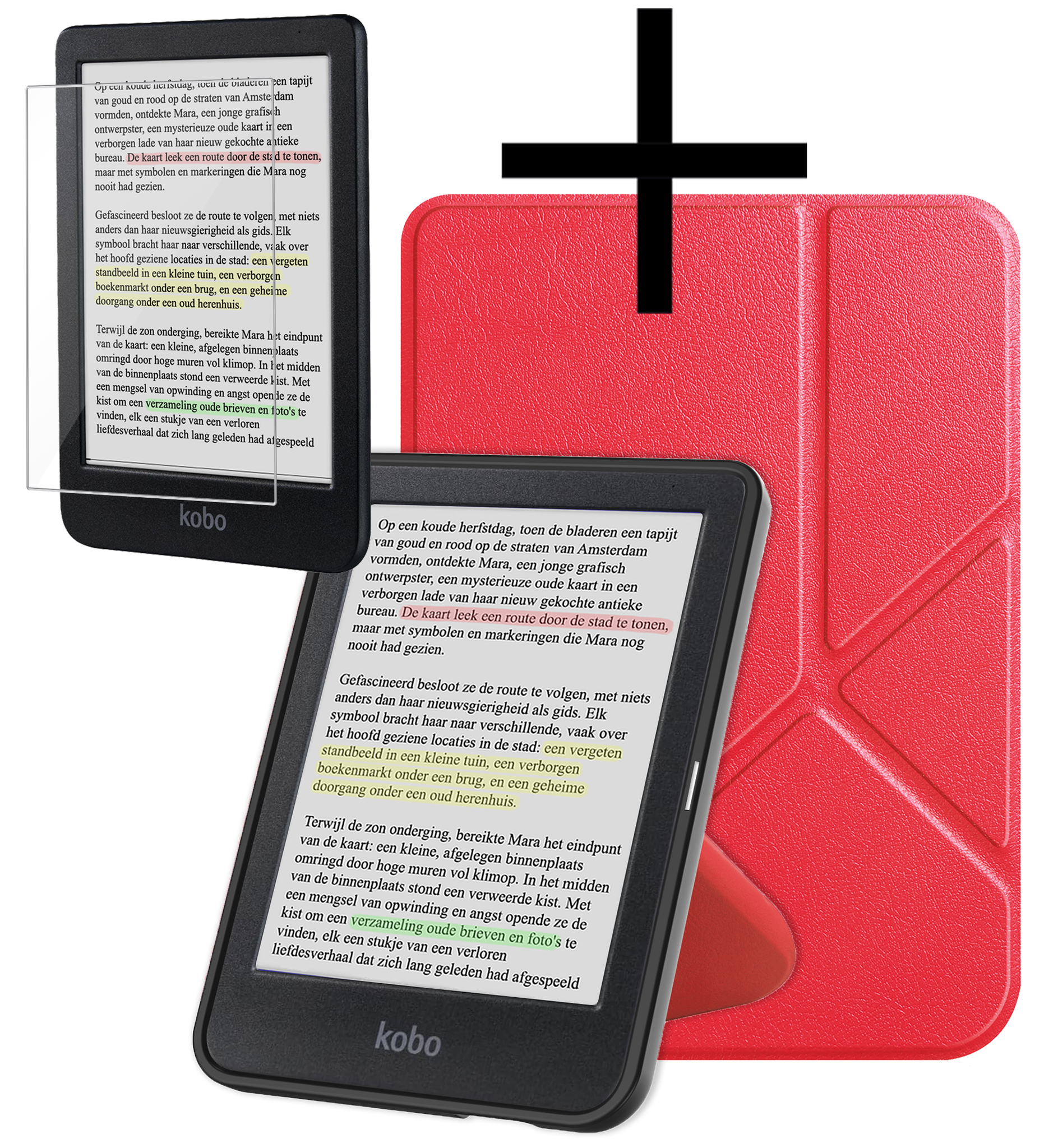 NoXx Hoes Geschikt voor Kobo Clara Colour Hoesje Bookcase Cover Book Case Hoes Cover Trifold Met Screenprotector - Rood