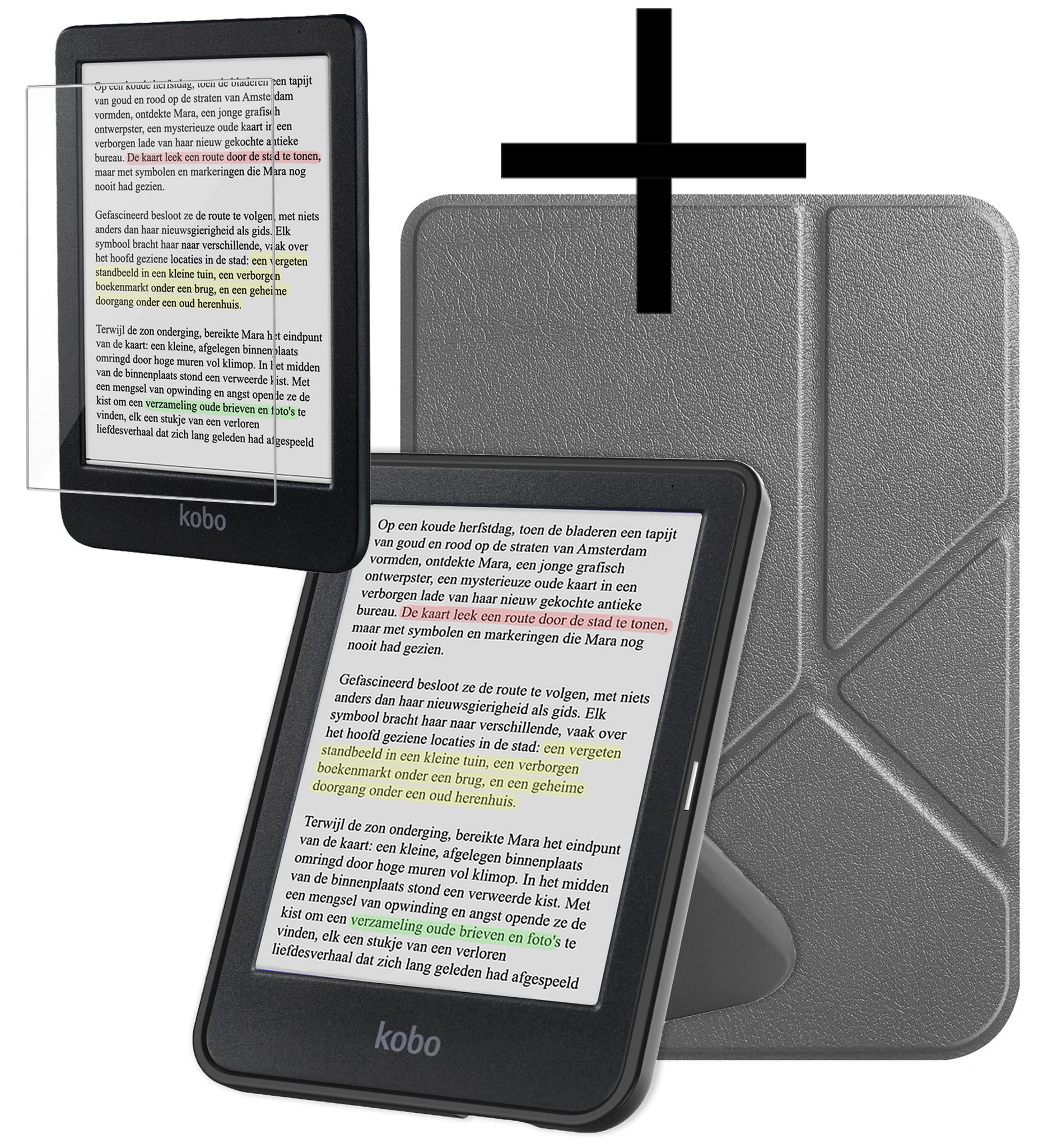 NoXx Hoes Geschikt voor Kobo Clara Colour Hoesje Bookcase Cover Book Case Hoes Cover Trifold Met Screenprotector - Grijs