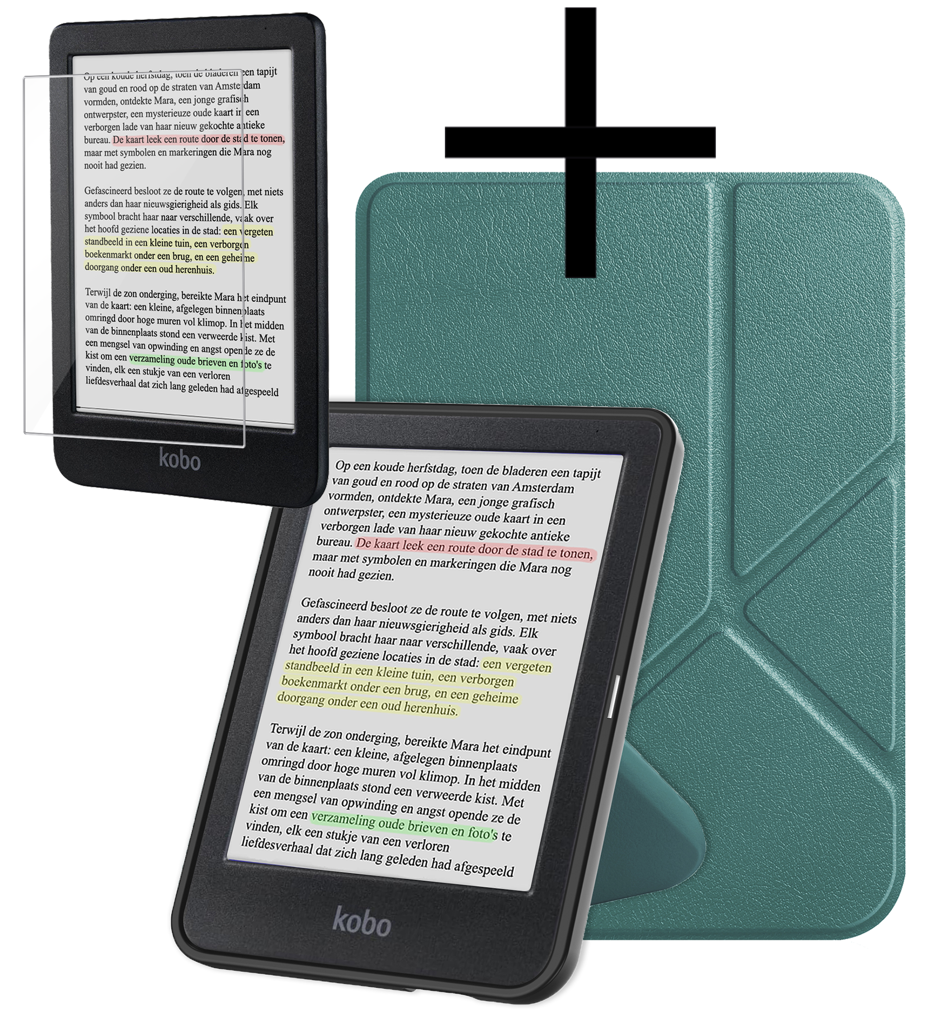NoXx Hoes Geschikt voor Kobo Clara Colour Hoesje Bookcase Cover Book Case Hoes Cover Trifold Met Screenprotector - Donkergroen