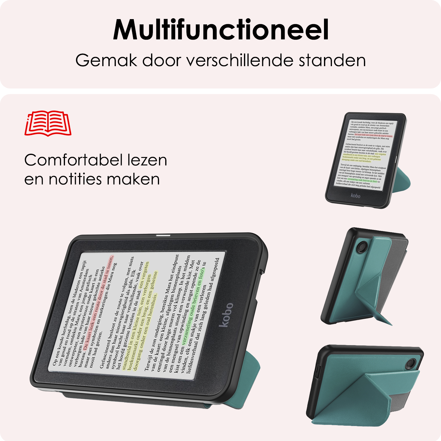 NoXx Hoes Geschikt voor Kobo Clara Colour Hoesje Bookcase Cover Book Case Hoes Cover Trifold Met Screenprotector - Donkergroen