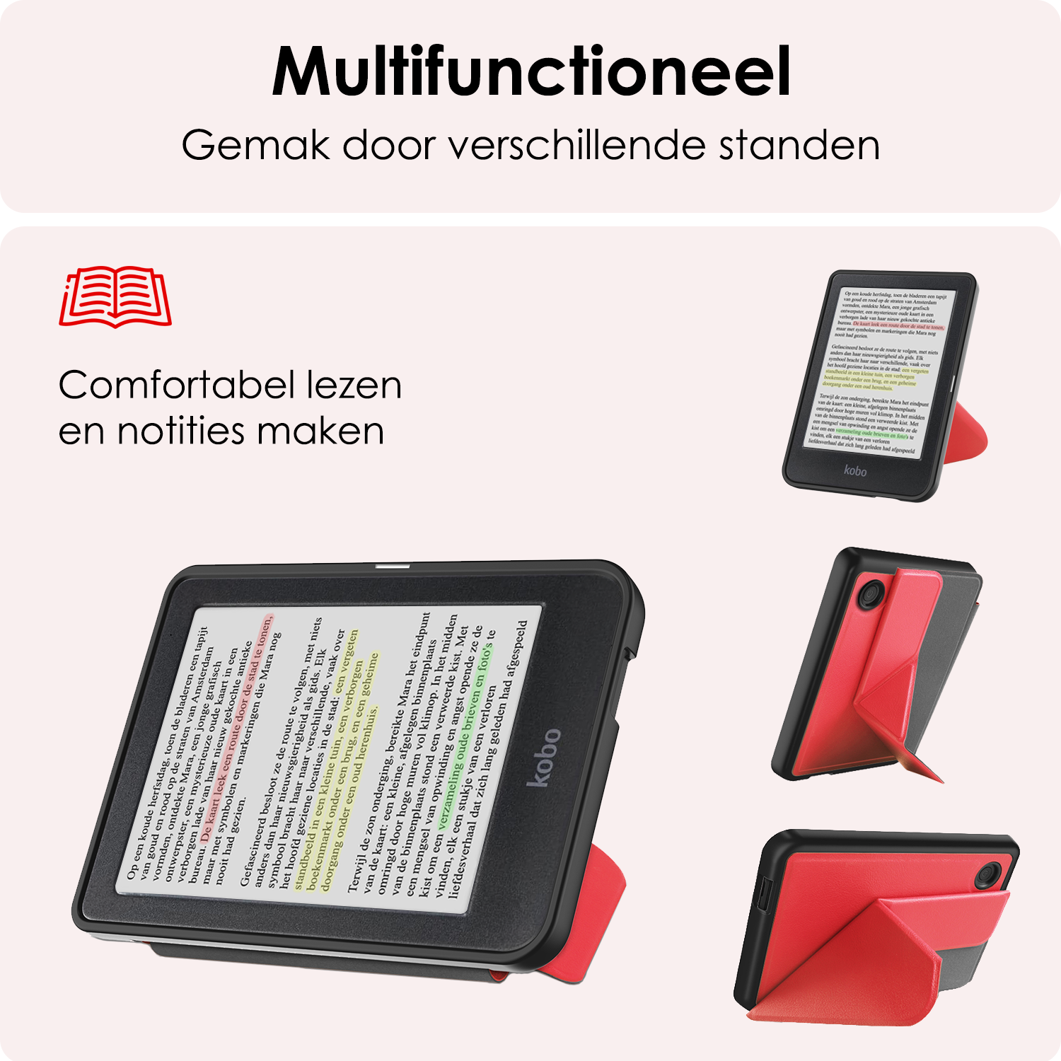 NoXx Hoes Geschikt voor Kobo Clara Colour Hoesje Bookcase Cover Book Case Hoes Cover Trifold - Rood