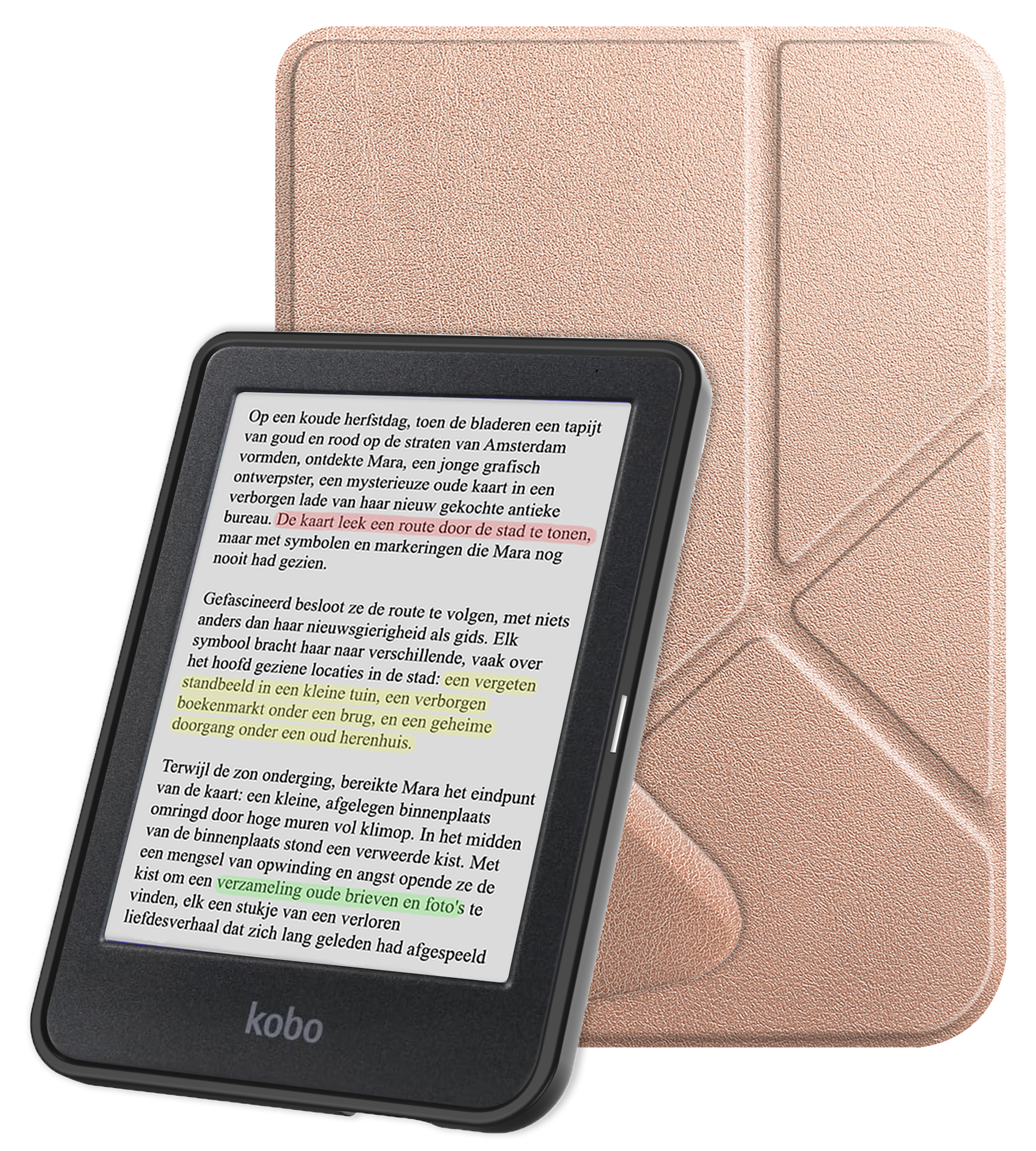 NoXx Hoes Geschikt voor Kobo Clara Colour Hoesje Bookcase Cover Book Case Hoes Cover Trifold - Rosé Goud