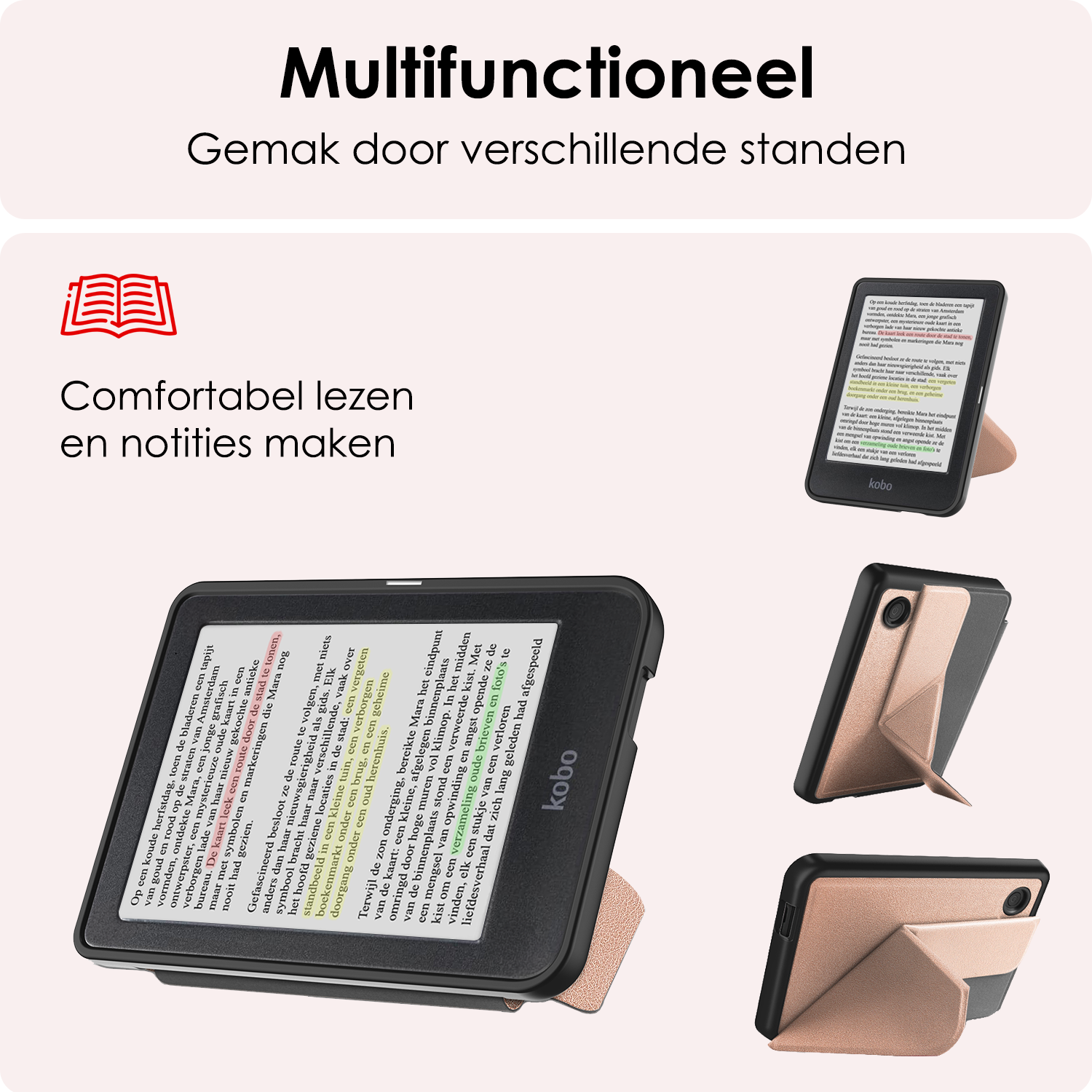 NoXx Hoes Geschikt voor Kobo Clara Colour Hoesje Bookcase Cover Book Case Hoes Cover Trifold - Rosé Goud