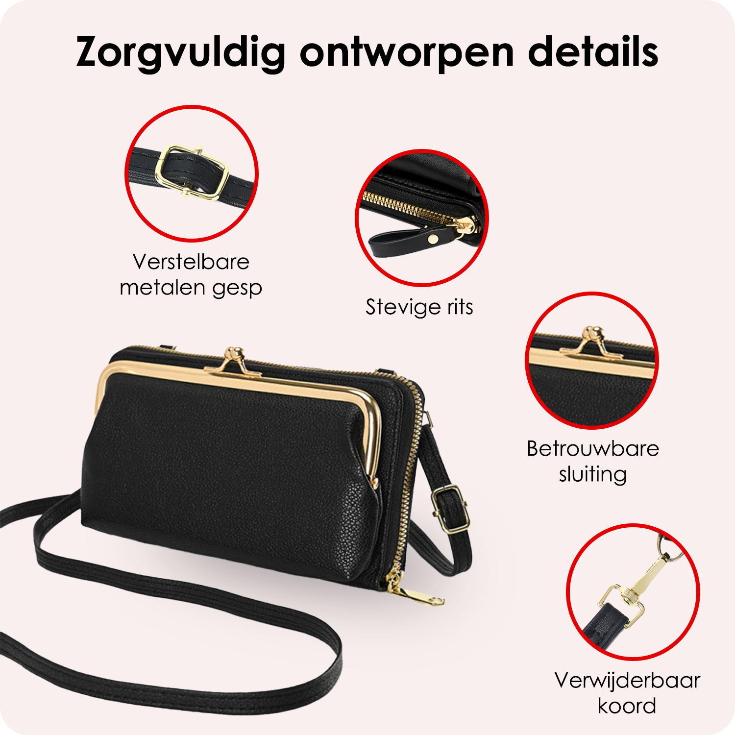 NoXx Schoudertas Dames Telefoontasje Met Clip - Crossbodytassen Voor Telefoon Kunstlederen Telefoontasjes - Zwart