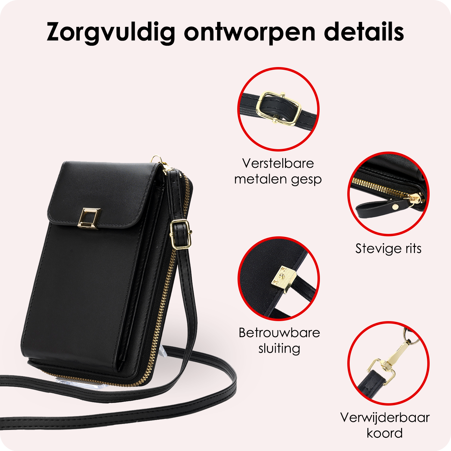 NoXx Schoudertas Dames Telefoontasje - Crossbodytassen Voor Telefoon Kunstlederen Telefoontasjes - Zwart