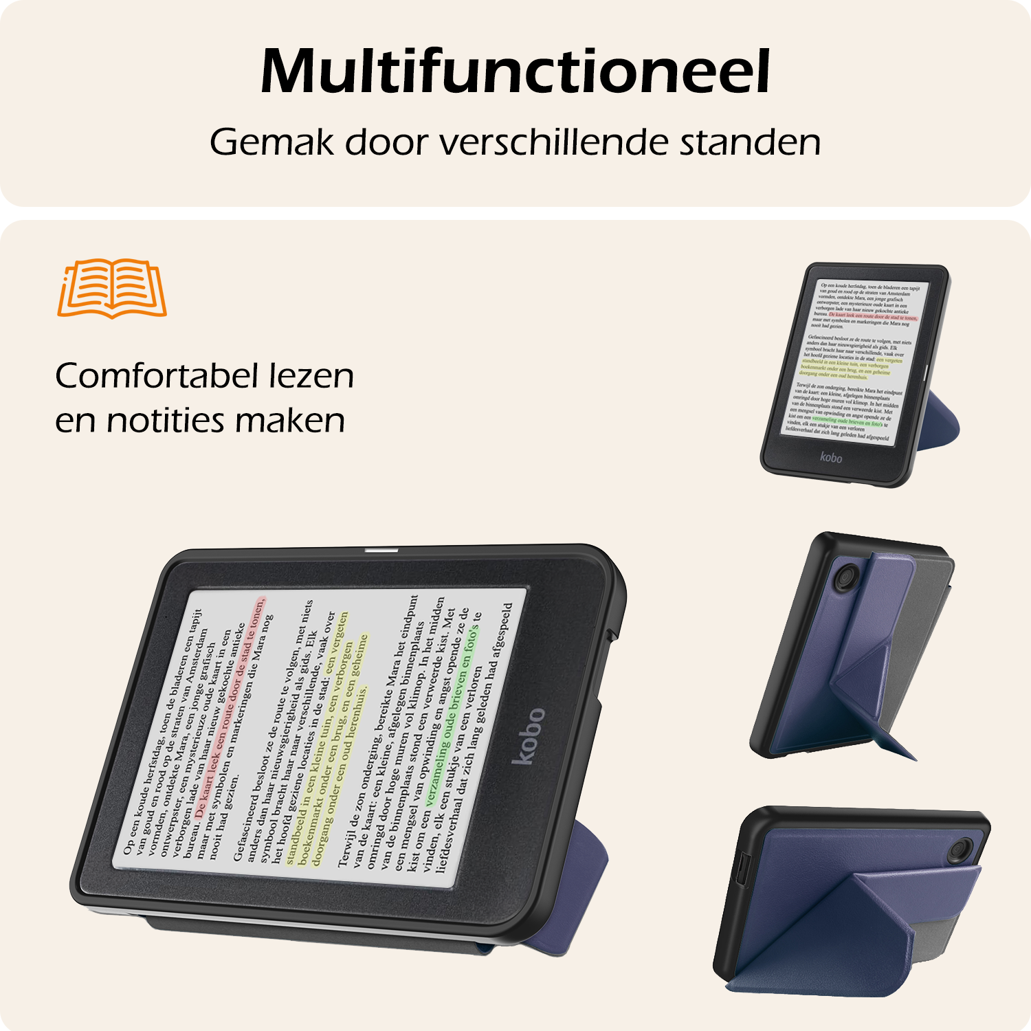 Nomfy Hoesje Geschikt voor Kobo Clara Colour Hoes Book Case Trifold - Hoes Geschikt voor Kobo Clara Colour Hoesje Book Cover Met Screenprotector - Donkerblauw