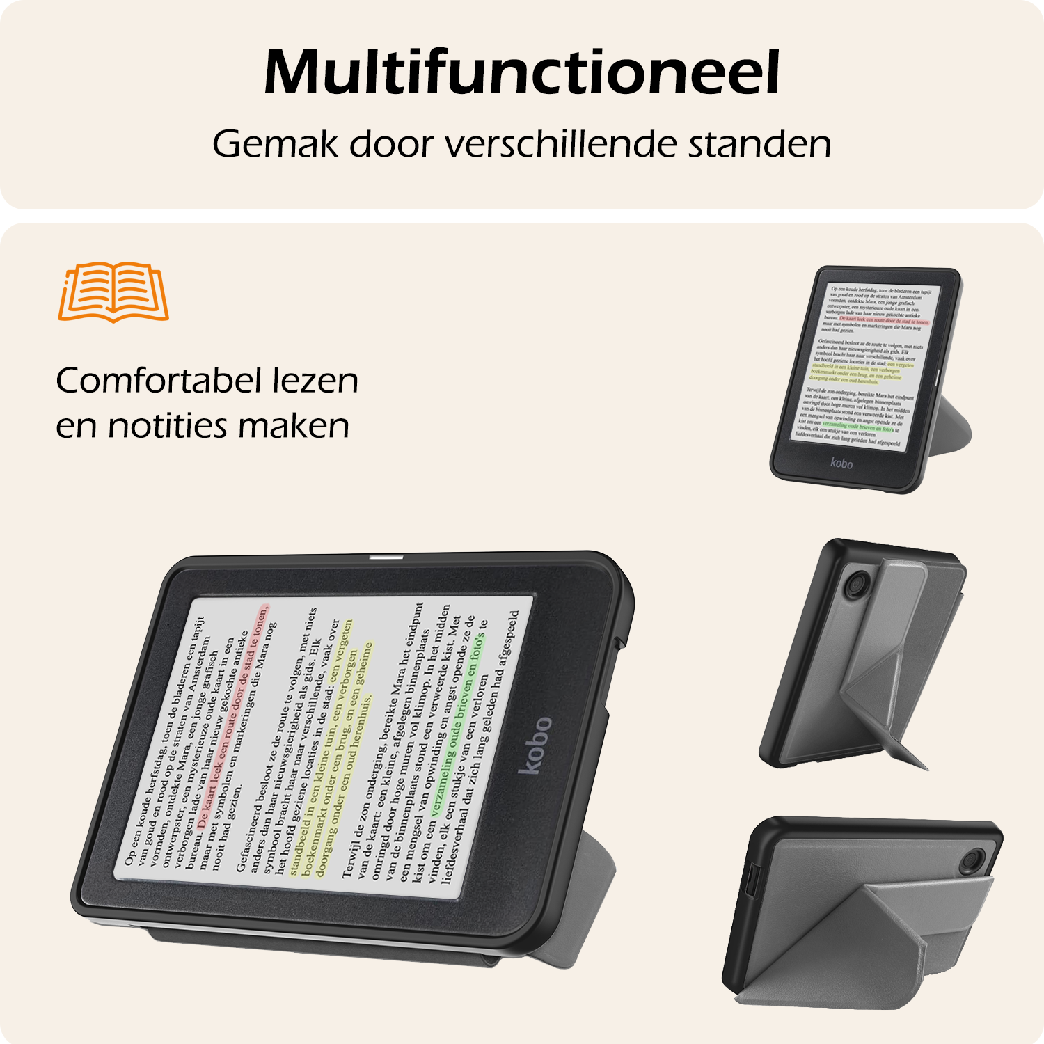 Nomfy Hoesje Geschikt voor Kobo Clara Colour Hoes Book Case Trifold - Hoes Geschikt voor Kobo Clara Colour Hoesje Book Cover Met Screenprotector - Grijs