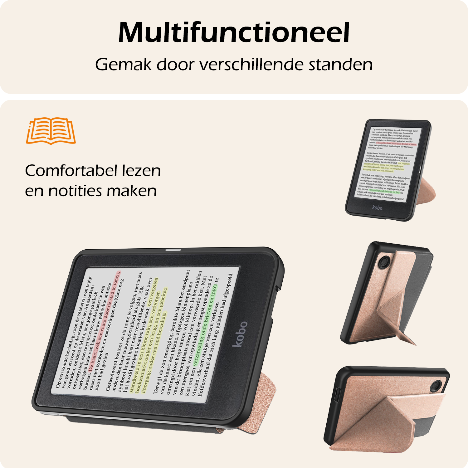 Nomfy Hoesje Geschikt voor Kobo Clara Colour Hoes Book Case Trifold - Hoes Geschikt voor Kobo Clara Colour Hoesje Book Cover Met Screenprotector - Rosé Goud