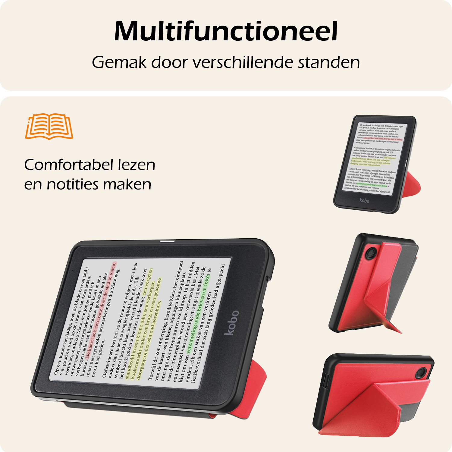 Nomfy Hoesje Geschikt voor Kobo Clara Colour Hoes Book Case Trifold - Hoes Geschikt voor Kobo Clara Colour Hoesje Book Cover Met Screenprotector - Rood