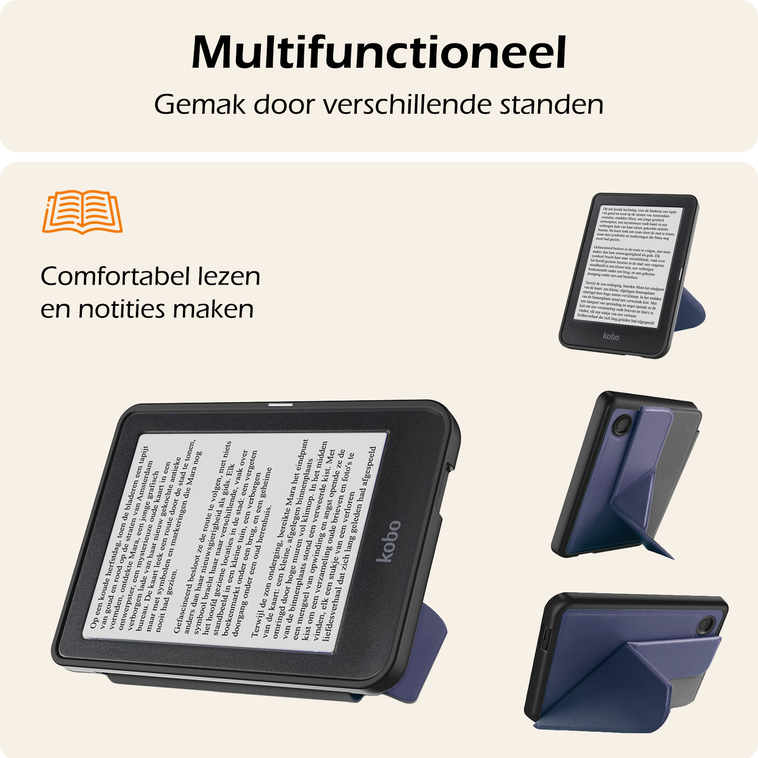 Nomfy Hoesje Geschikt voor Kobo Clara BW Hoes Book Case Trifold - Hoes Geschikt voor Kobo Clara BW Hoesje Book Cover Met Screenprotector - Donkerblauw