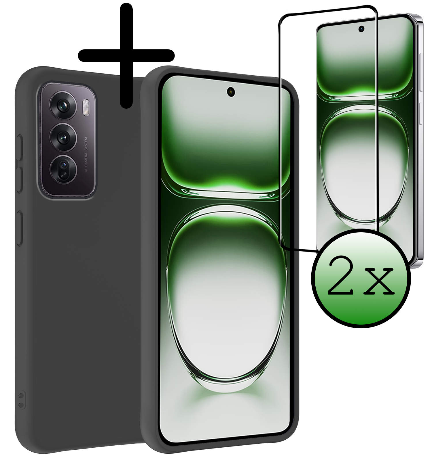 BASEY. Hoes Geschikt voor Oppo Reno12 Hoesje Siliconen Back Cover Case Met 2x Screenprotector - Hoesje Geschikt voor Oppo Reno12 Hoes Cover Hoesje - Zwart