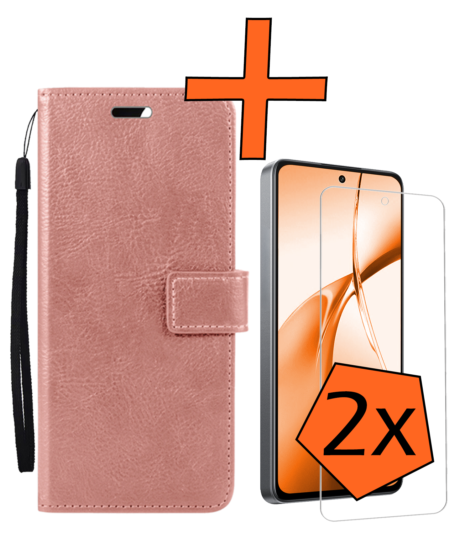 Nomfy Hoesje Geschikt voor OnePlus Nord CE4 Hoesje Book Case Hoes Portemonnee Cover Walletcase Met 2x Screenprotector - Hoes Geschikt voor OnePlus Nord CE4 Hoes Bookcase Hoesje - Rosé goud
