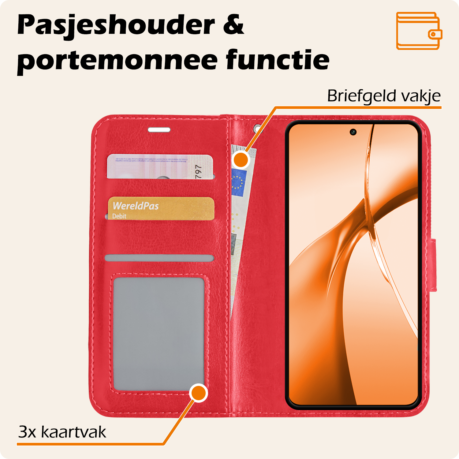 Nomfy Hoesje Geschikt voor OnePlus Nord CE4 Hoesje Book Case Hoes Portemonnee Cover Walletcase Met 2x Screenprotector - Hoes Geschikt voor OnePlus Nord CE4 Hoes Bookcase Hoesje - Rood