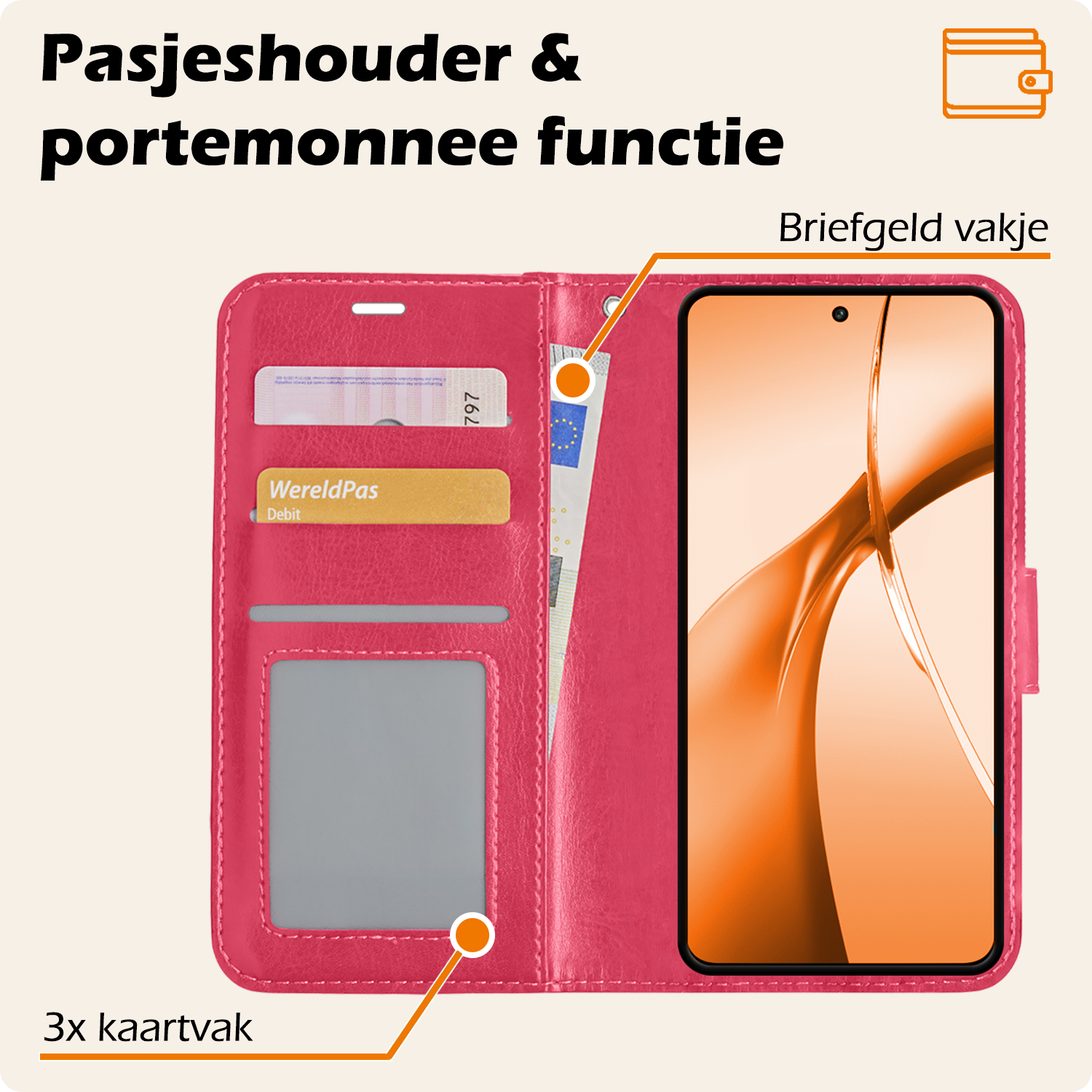 Nomfy Hoesje Geschikt voor OnePlus Nord CE4 Hoesje Book Case Hoes Portemonnee Cover Walletcase Met 2x Screenprotector - Hoes Geschikt voor OnePlus Nord CE4 Hoes Bookcase Hoesje - Donkerroze