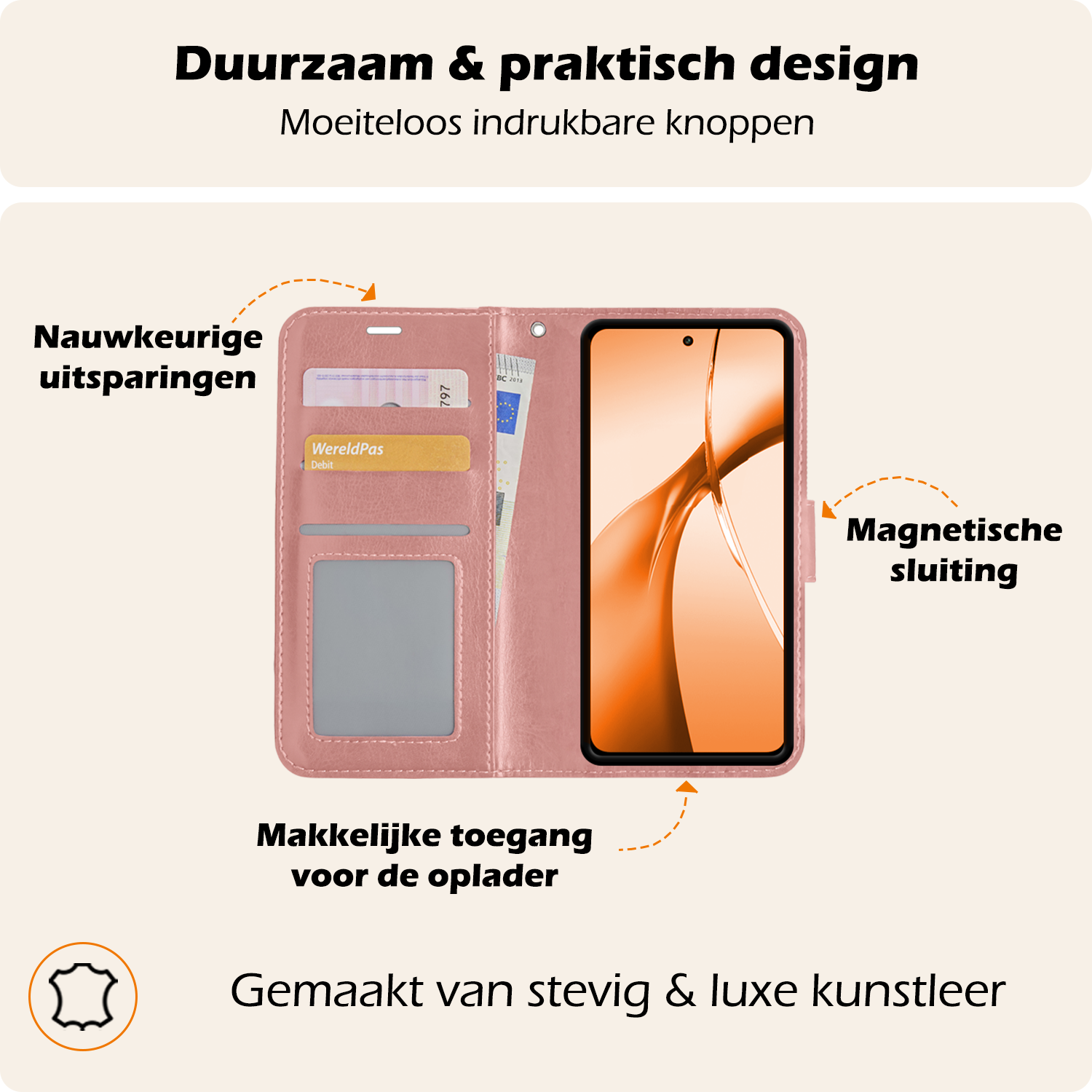 Nomfy Hoesje Geschikt voor OnePlus Nord CE4 Hoesje Book Case Hoes Portemonnee Cover Walletcase Met Screenprotector - Hoes Geschikt voor OnePlus Nord CE4 Hoes Bookcase Hoesje - Rosé goud