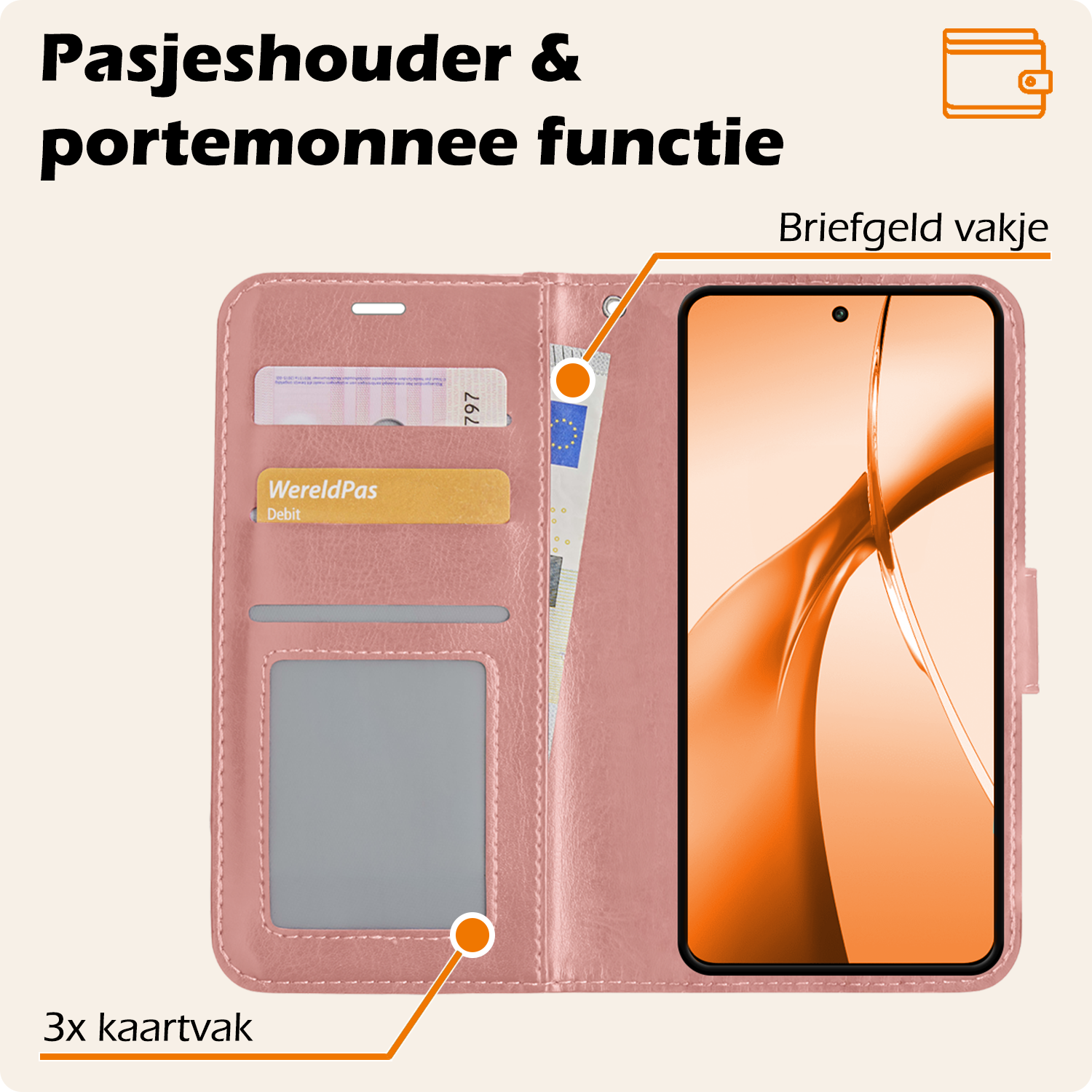 Nomfy Hoesje Geschikt voor OnePlus Nord CE4 Hoesje Book Case Hoes Portemonnee Cover Walletcase - Hoes Geschikt voor OnePlus Nord CE4 Hoes Bookcase Hoesje - Rosé goud