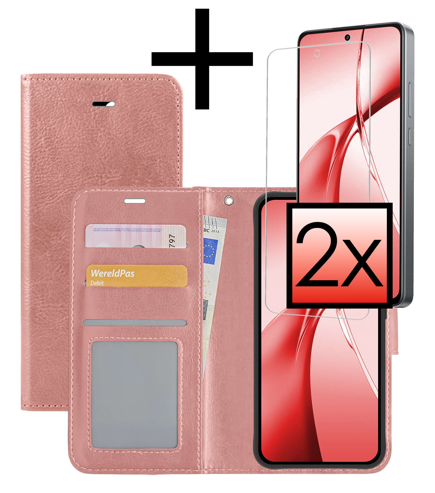 NoXx Hoesje Geschikt voor OnePlus Nord CE4 Hoesje Book Case Hoes Portemonnee Cover Walletcase Met 2x Screenprotector - Hoes Geschikt voor OnePlus Nord CE4 Hoes Bookcase Hoesje - Rosé goud