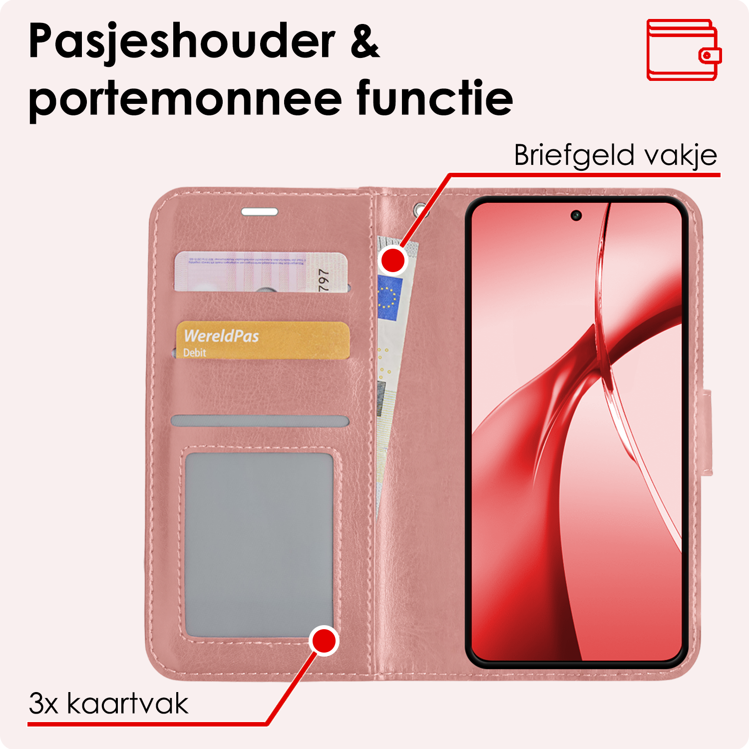 NoXx Hoesje Geschikt voor OnePlus Nord CE4 Hoesje Book Case Hoes Portemonnee Cover Walletcase Met 2x Screenprotector - Hoes Geschikt voor OnePlus Nord CE4 Hoes Bookcase Hoesje - Rosé goud