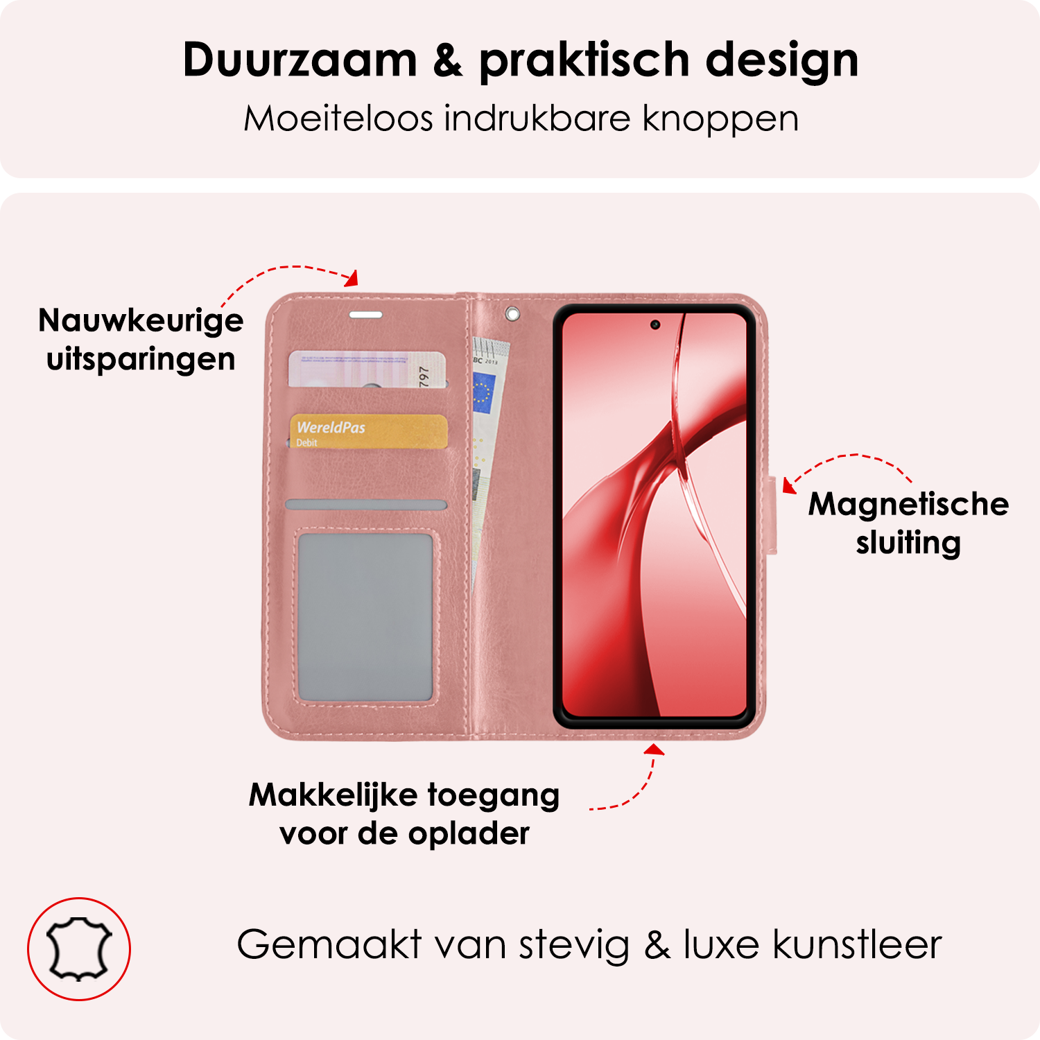 NoXx Hoesje Geschikt voor OnePlus Nord CE4 Hoesje Book Case Hoes Portemonnee Cover Walletcase Met 2x Screenprotector - Hoes Geschikt voor OnePlus Nord CE4 Hoes Bookcase Hoesje - Rosé goud