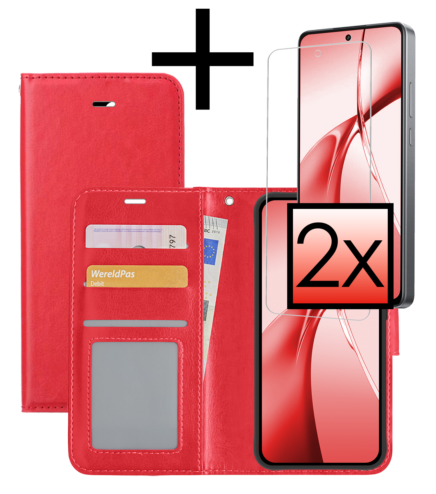 NoXx Hoesje Geschikt voor OnePlus Nord CE4 Hoesje Book Case Hoes Portemonnee Cover Walletcase Met 2x Screenprotector - Hoes Geschikt voor OnePlus Nord CE4 Hoes Bookcase Hoesje - Rood