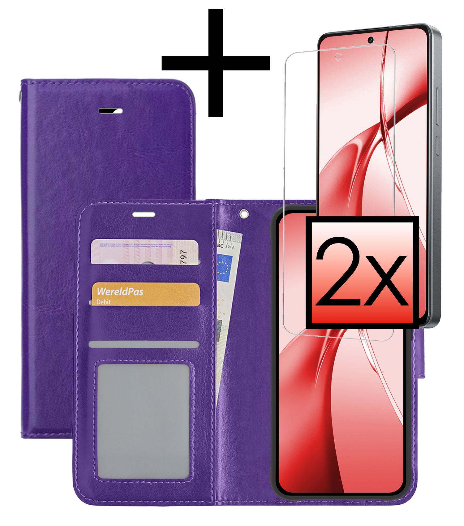 NoXx Hoesje Geschikt voor OnePlus Nord CE4 Hoesje Book Case Hoes Portemonnee Cover Walletcase Met 2x Screenprotector - Hoes Geschikt voor OnePlus Nord CE4 Hoes Bookcase Hoesje - Paars