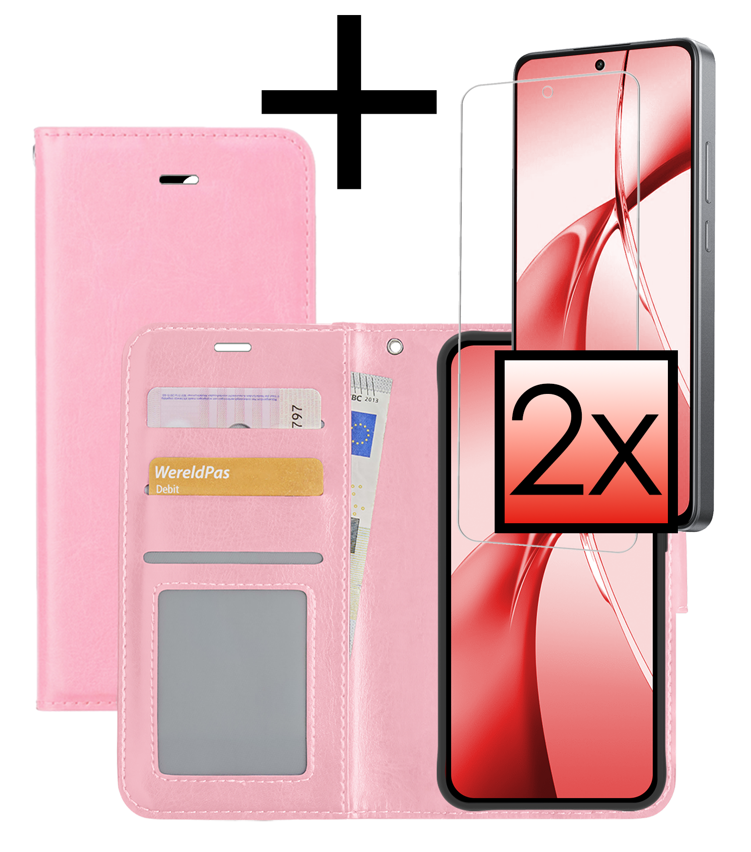NoXx Hoesje Geschikt voor OnePlus Nord CE4 Hoesje Book Case Hoes Portemonnee Cover Walletcase Met 2x Screenprotector - Hoes Geschikt voor OnePlus Nord CE4 Hoes Bookcase Hoesje - Lichtroze