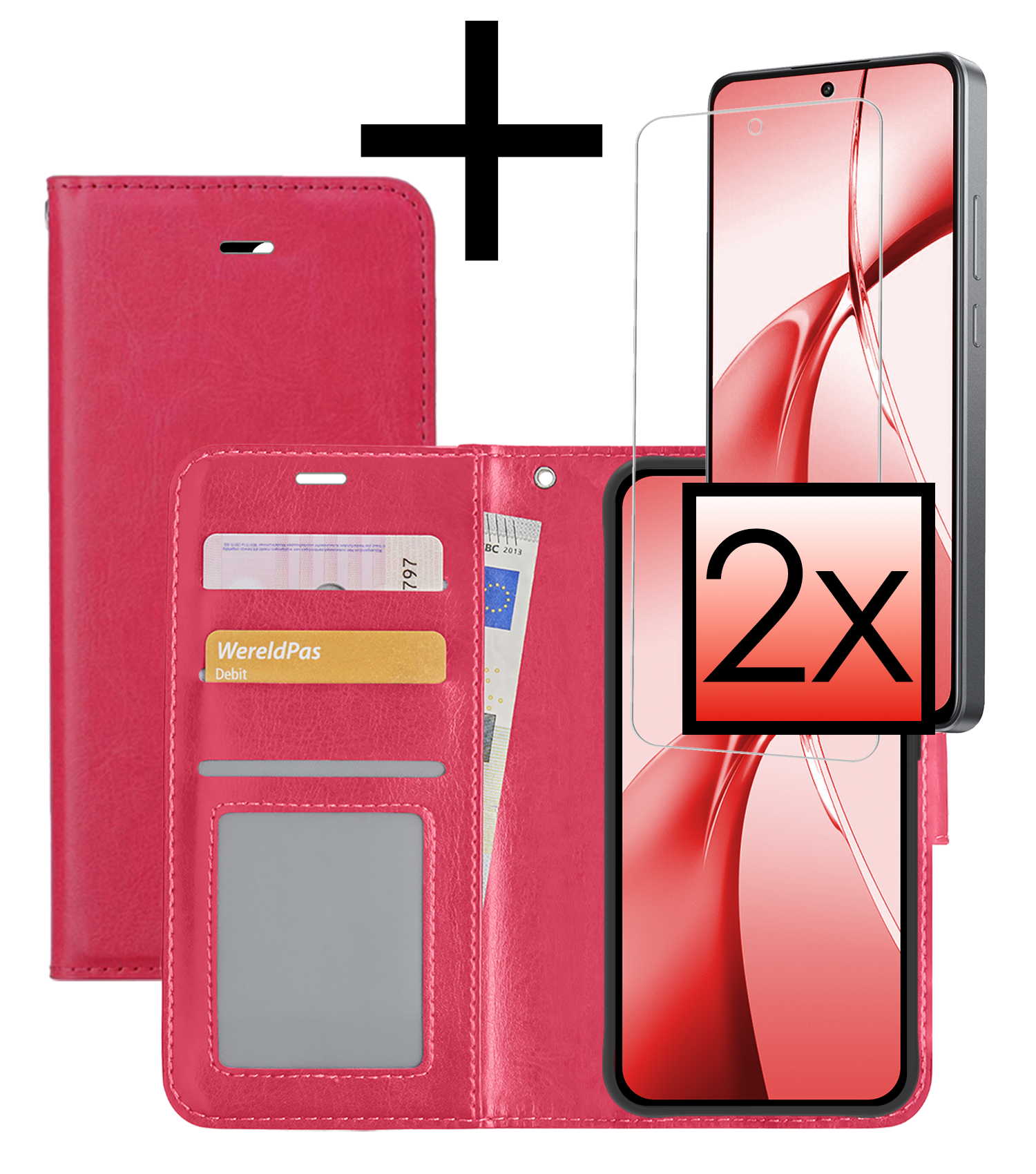 NoXx Hoesje Geschikt voor OnePlus Nord CE4 Hoesje Book Case Hoes Portemonnee Cover Walletcase Met 2x Screenprotector - Hoes Geschikt voor OnePlus Nord CE4 Hoes Bookcase Hoesje - Donkerroze