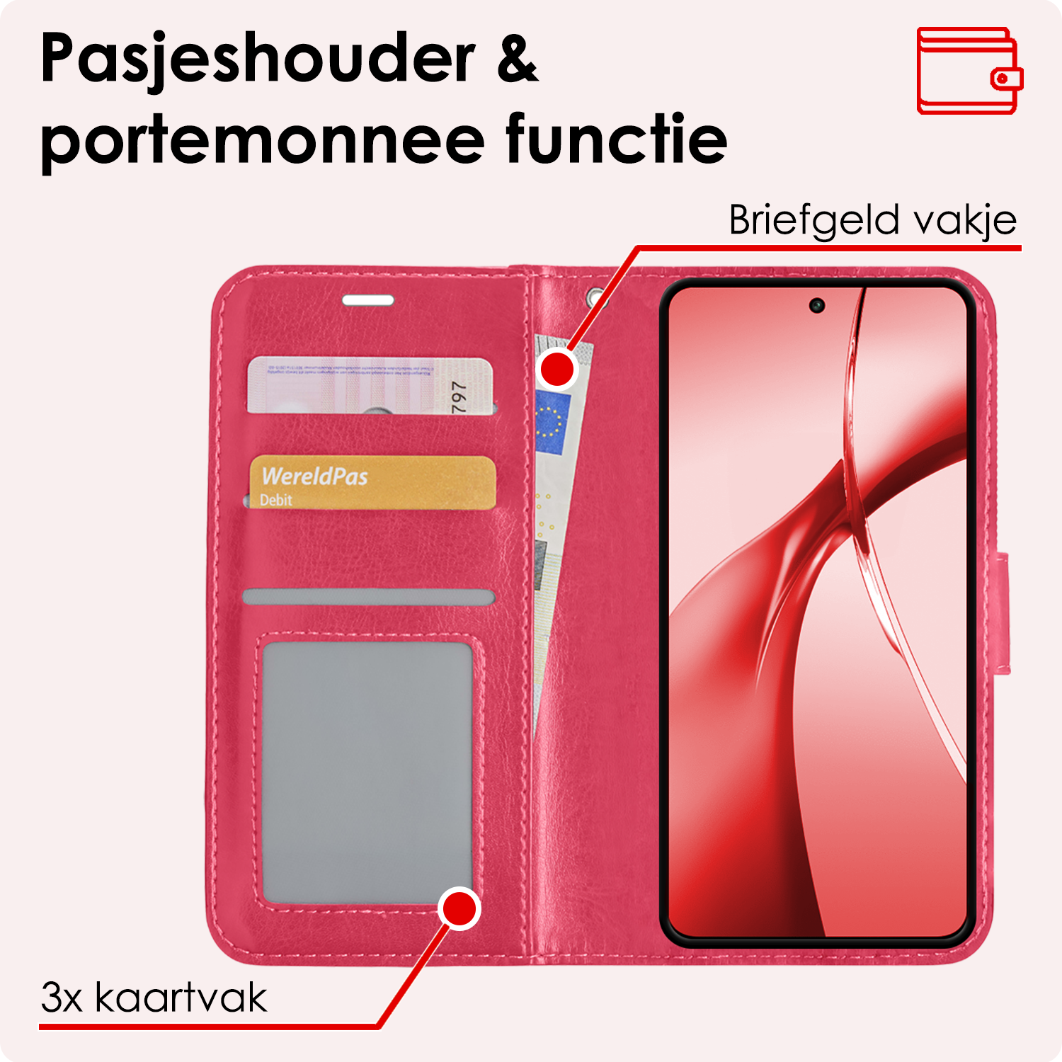 NoXx Hoesje Geschikt voor OnePlus Nord CE4 Hoesje Book Case Hoes Portemonnee Cover Walletcase Met 2x Screenprotector - Hoes Geschikt voor OnePlus Nord CE4 Hoes Bookcase Hoesje - Donkerroze