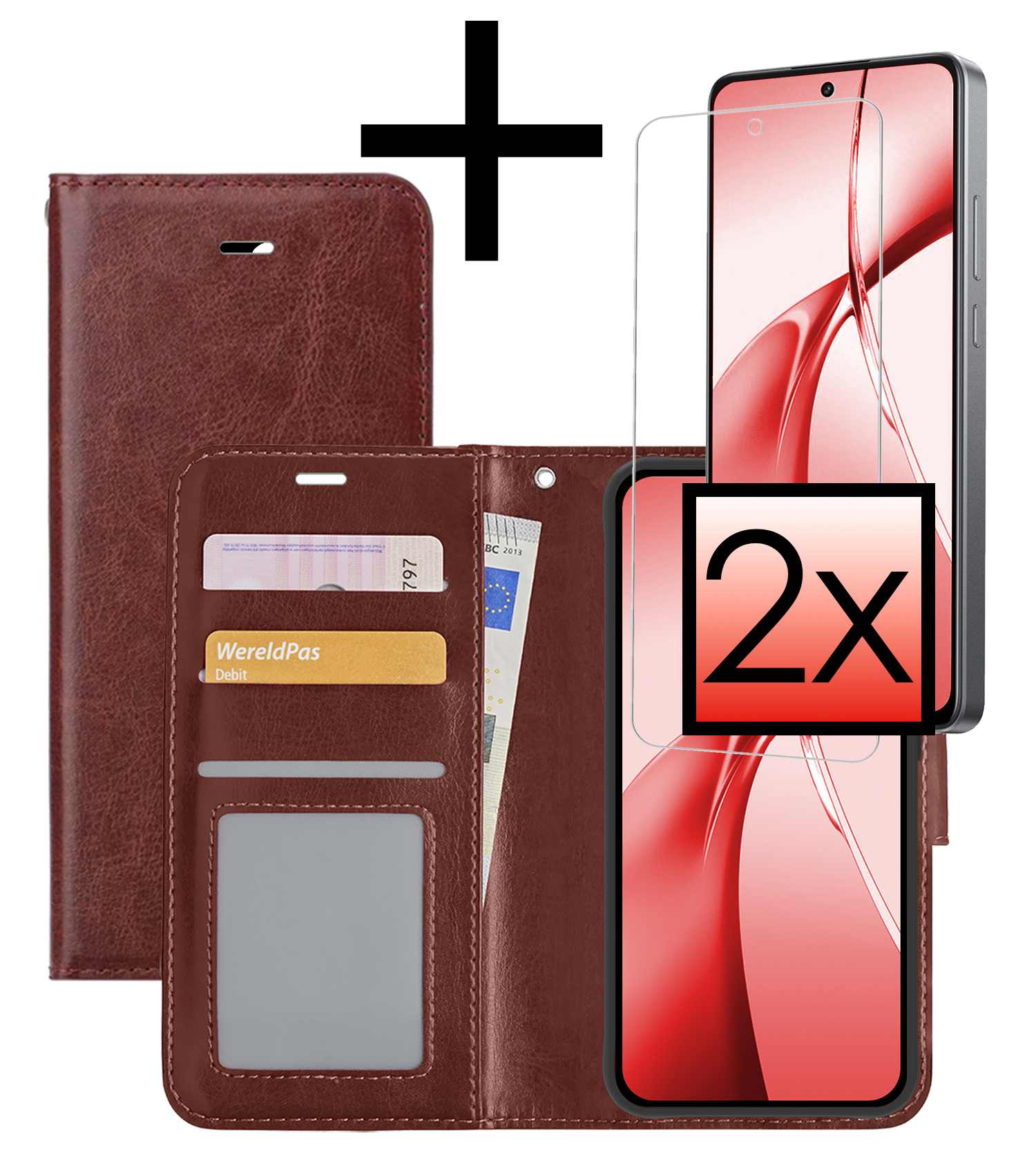 NoXx Hoesje Geschikt voor OnePlus Nord CE4 Hoesje Book Case Hoes Portemonnee Cover Walletcase Met 2x Screenprotector - Hoes Geschikt voor OnePlus Nord CE4 Hoes Bookcase Hoesje - Bruin