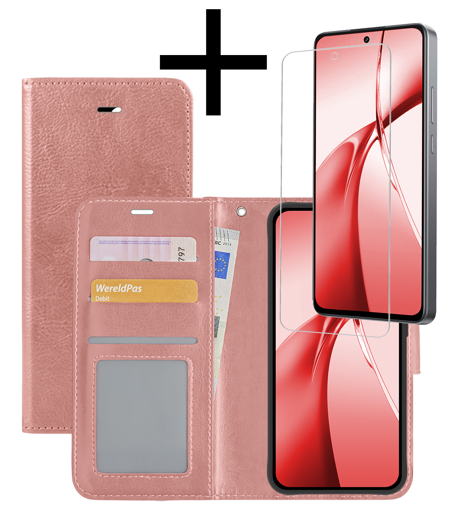 NoXx Hoesje Geschikt voor OnePlus Nord CE4 Hoesje Book Case Hoes Portemonnee Cover Walletcase Met Screenprotector - Hoes Geschikt voor OnePlus Nord CE4 Hoes Bookcase Hoesje - Rosé goud