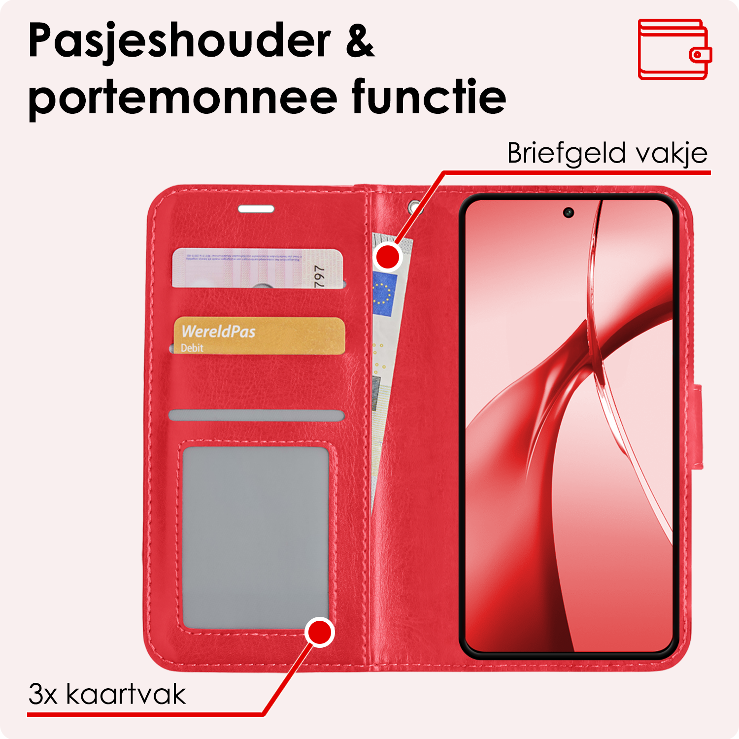 NoXx Hoesje Geschikt voor OnePlus Nord CE4 Hoesje Book Case Hoes Portemonnee Cover Walletcase Met Screenprotector - Hoes Geschikt voor OnePlus Nord CE4 Hoes Bookcase Hoesje - Rood