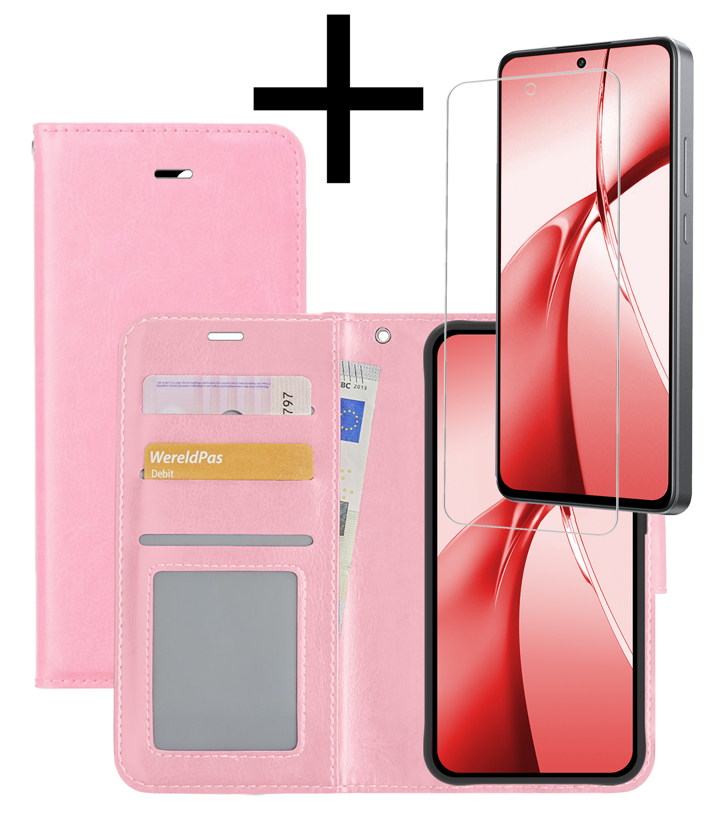 NoXx Hoesje Geschikt voor OnePlus Nord CE4 Hoesje Book Case Hoes Portemonnee Cover Walletcase Met Screenprotector - Hoes Geschikt voor OnePlus Nord CE4 Hoes Bookcase Hoesje - Lichtroze
