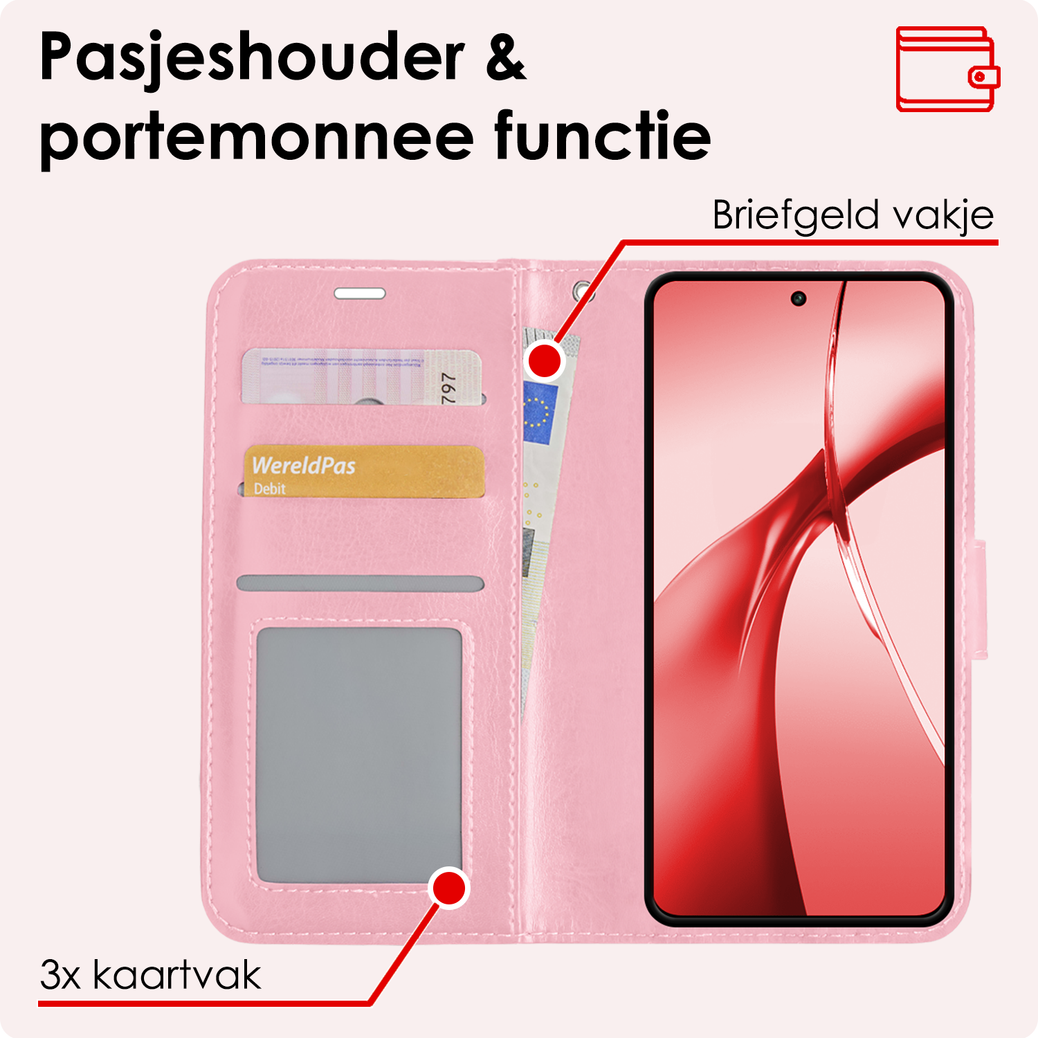 NoXx Hoesje Geschikt voor OnePlus Nord CE4 Hoesje Book Case Hoes Portemonnee Cover Walletcase Met Screenprotector - Hoes Geschikt voor OnePlus Nord CE4 Hoes Bookcase Hoesje - Lichtroze