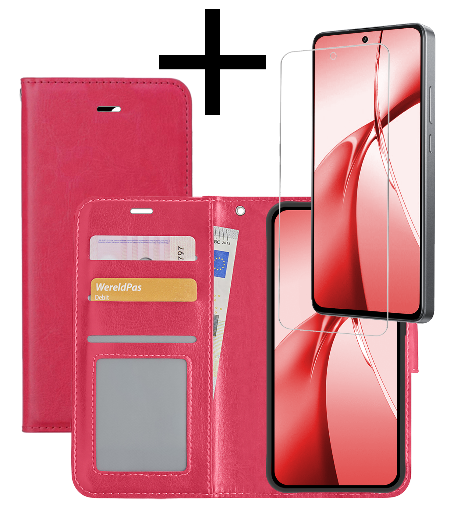 NoXx Hoesje Geschikt voor OnePlus Nord CE4 Hoesje Book Case Hoes Portemonnee Cover Walletcase Met Screenprotector - Hoes Geschikt voor OnePlus Nord CE4 Hoes Bookcase Hoesje - Donkerroze