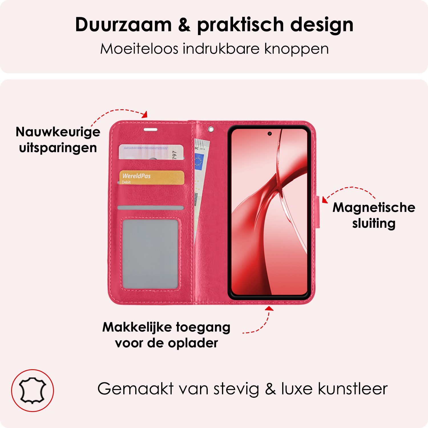 NoXx Hoesje Geschikt voor OnePlus Nord CE4 Hoesje Book Case Hoes Portemonnee Cover Walletcase Met Screenprotector - Hoes Geschikt voor OnePlus Nord CE4 Hoes Bookcase Hoesje - Donkerroze