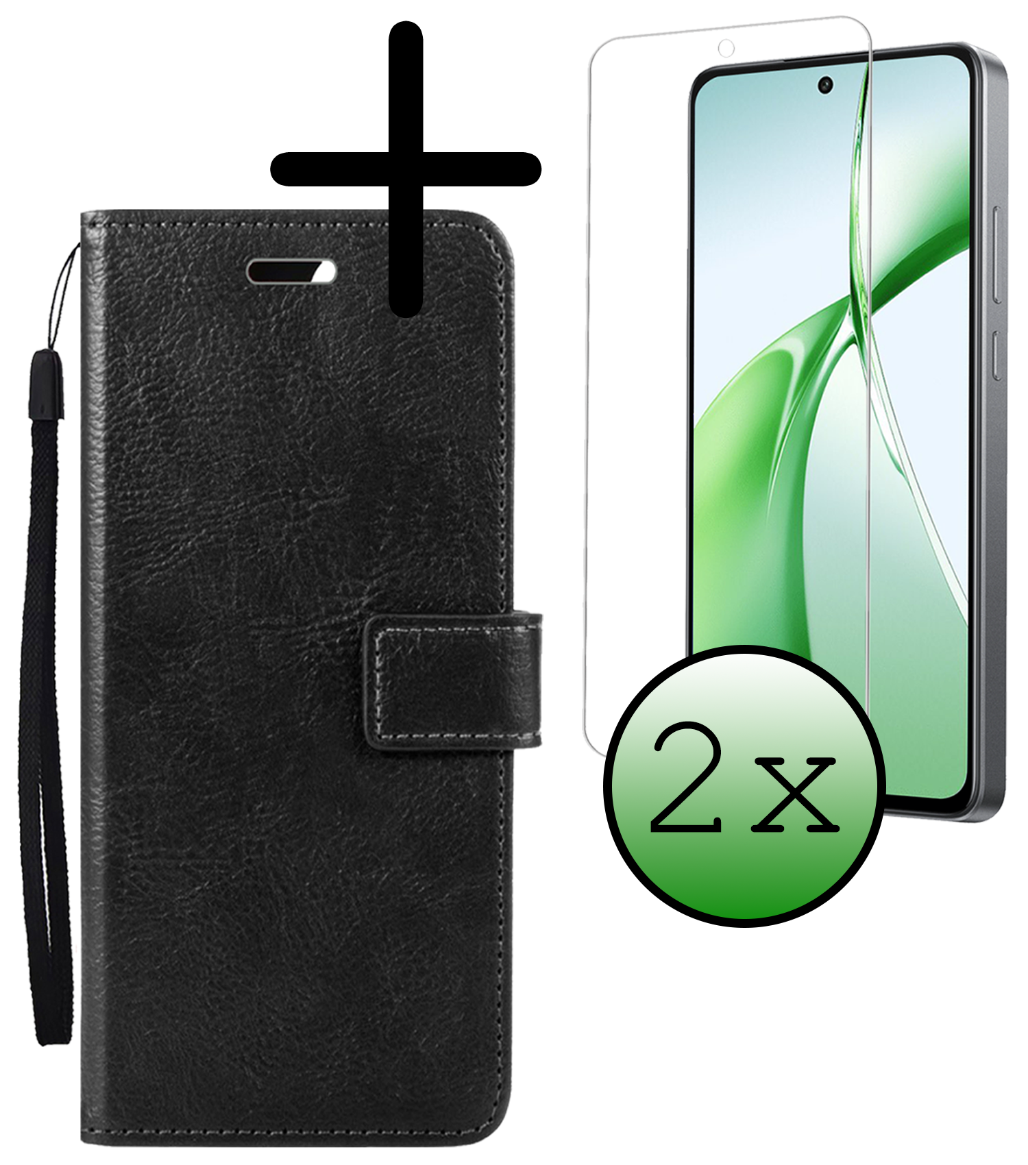 BASEY. Hoesje Geschikt voor OnePlus Nord CE4 Hoesje Book Case Hoes Portemonnee Cover Walletcase Met 2x Screenprotector - Hoes Geschikt voor OnePlus Nord CE4 Hoes Bookcase Hoesje - Zwart