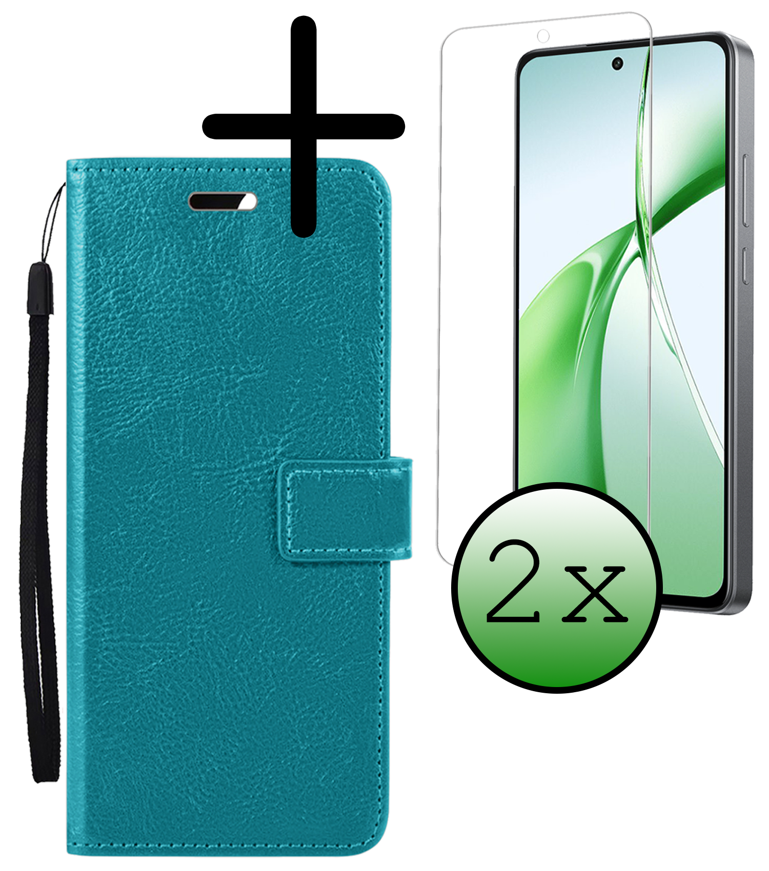 BASEY. Hoesje Geschikt voor OnePlus Nord CE4 Hoesje Book Case Hoes Portemonnee Cover Walletcase Met 2x Screenprotector - Hoes Geschikt voor OnePlus Nord CE4 Hoes Bookcase Hoesje - Turquoise