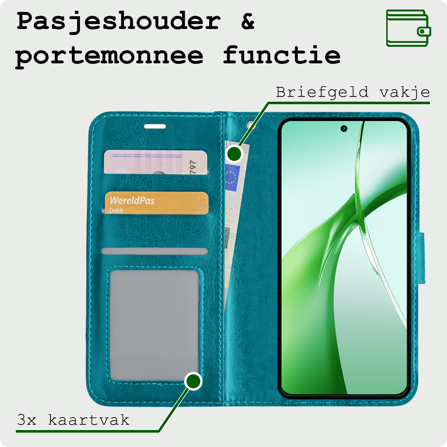 BASEY. Hoesje Geschikt voor OnePlus Nord CE4 Hoesje Book Case Hoes Portemonnee Cover Walletcase Met 2x Screenprotector - Hoes Geschikt voor OnePlus Nord CE4 Hoes Bookcase Hoesje - Turquoise