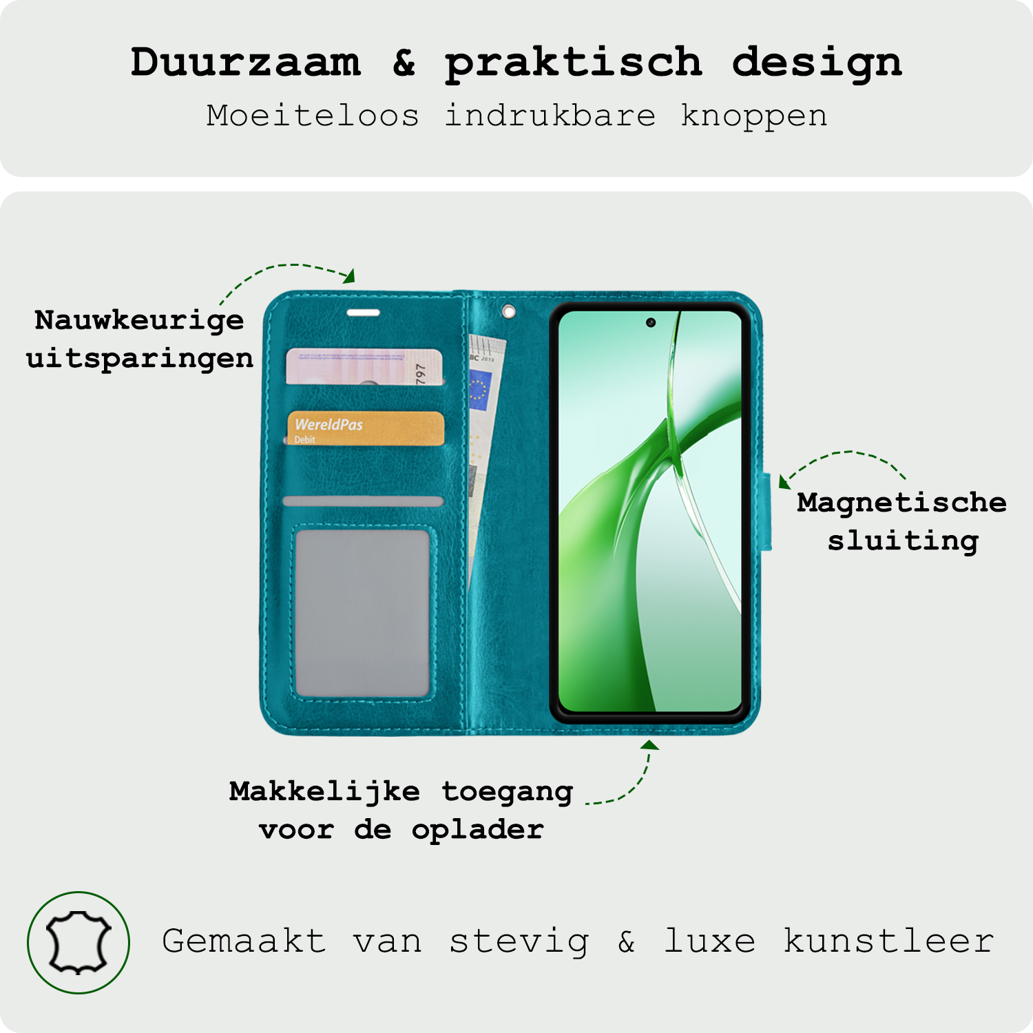 BASEY. Hoesje Geschikt voor OnePlus Nord CE4 Hoesje Book Case Hoes Portemonnee Cover Walletcase Met 2x Screenprotector - Hoes Geschikt voor OnePlus Nord CE4 Hoes Bookcase Hoesje - Turquoise